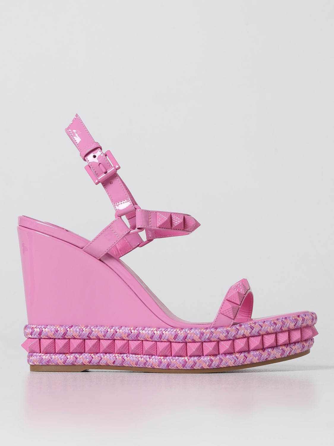 CHRISTIAN LOUBOUTIN: Pyraclou wedge in patent leather - Pink | Christian Louboutin wedge shoes at GIGLIO.COM
