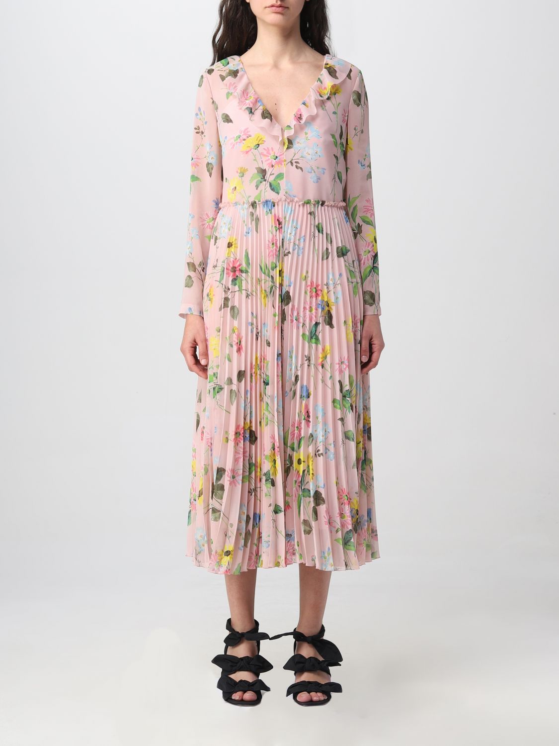 Red Valentino Floral-print Pleated Midi Dress In Pink
