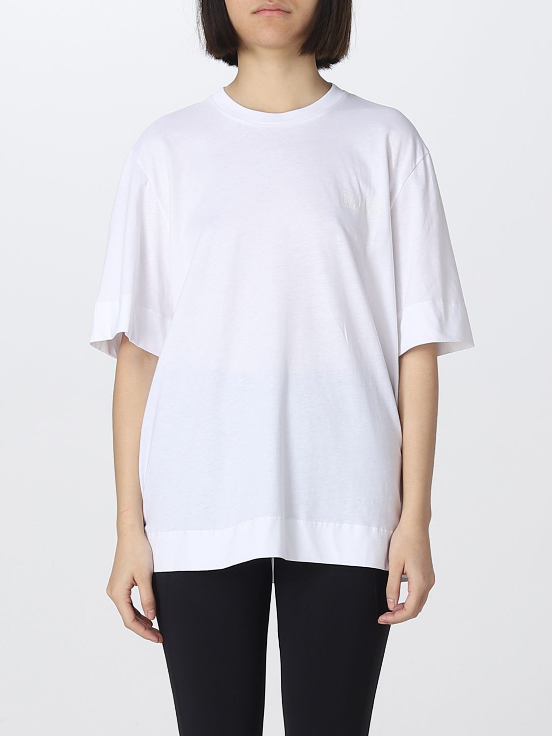 Shop Ganni Cotton Blend T-shirt With Contrasting Printed Logo In White
