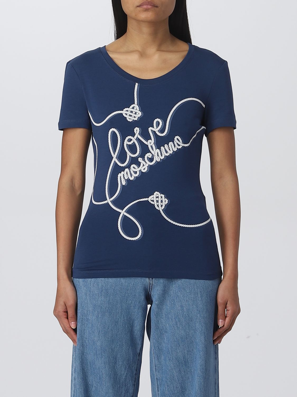 LOVE MOSCHINO: Camiseta para mujer, Azul | Love Moschino W4H1939E1951 línea en GIGLIO.COM