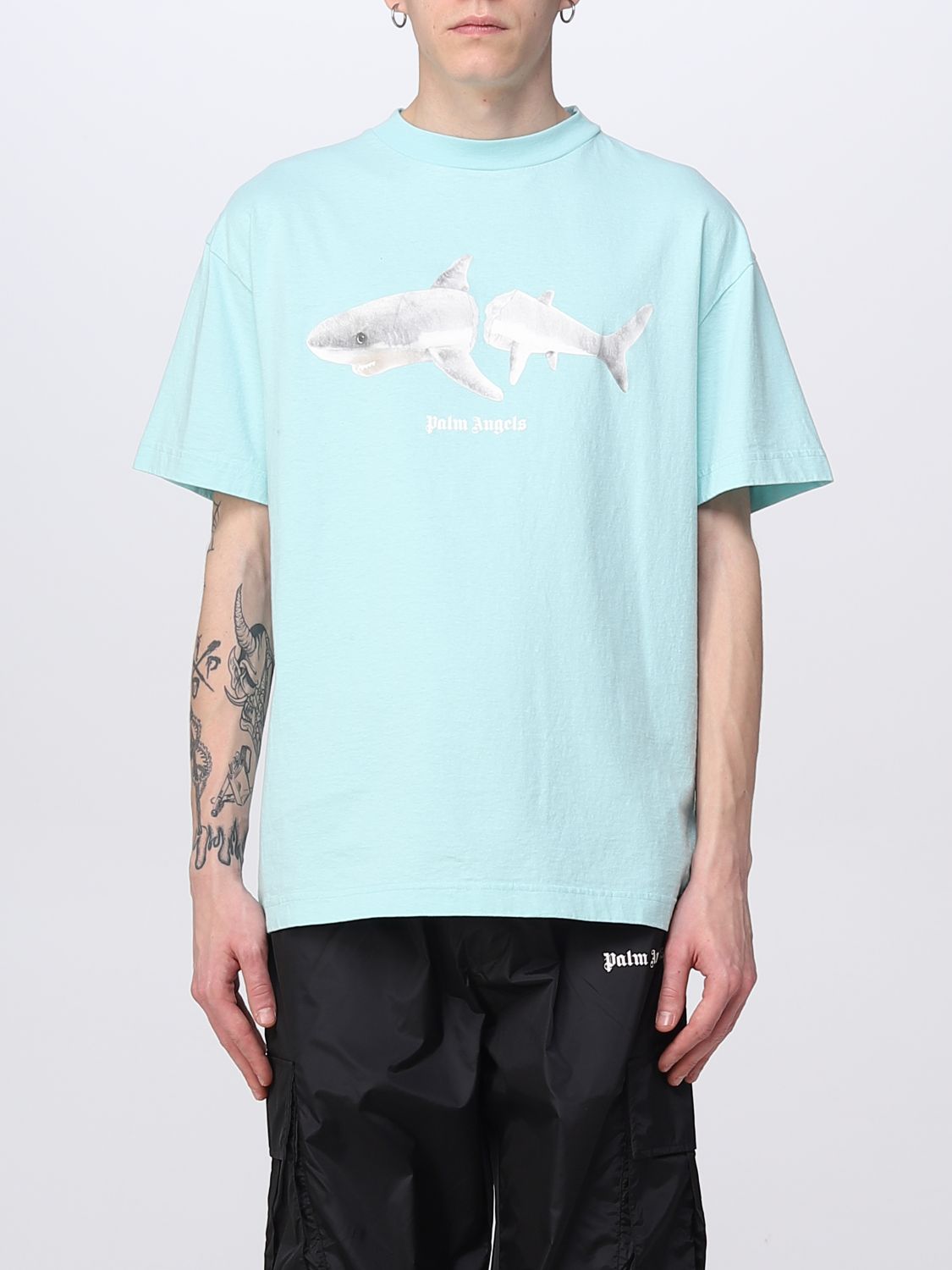T-shirt Palm Angels: T-Shirt Shark Palm Angels in cotone azzurro 1