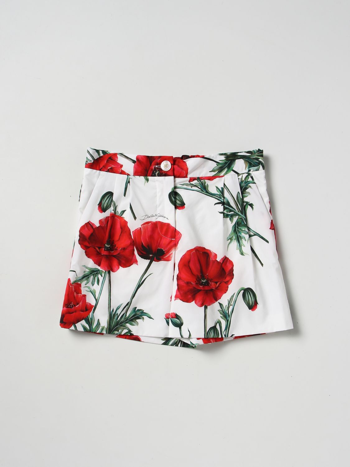 Dolce & Gabbana Kids' Cotton Shorts With Poppy Print In White