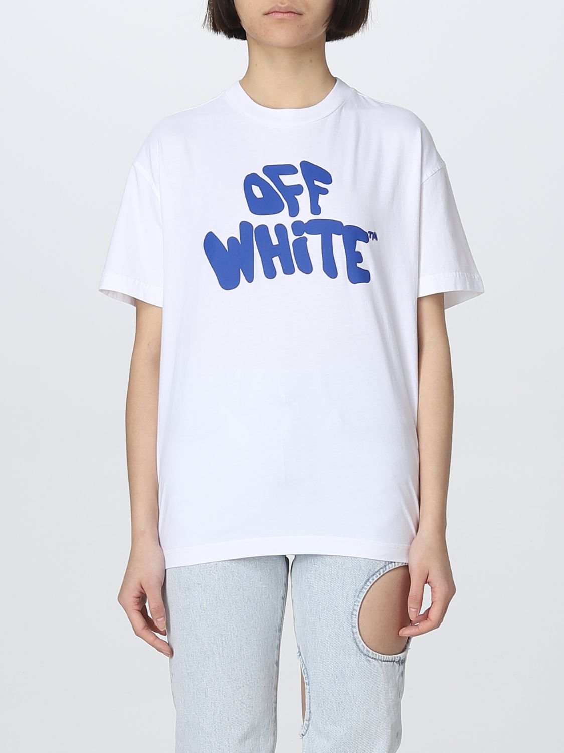 OFF-WHITE: cotton T-shirt with logo print - | Off-White t-shirt OWAA089S23JER017 online on GIGLIO.COM