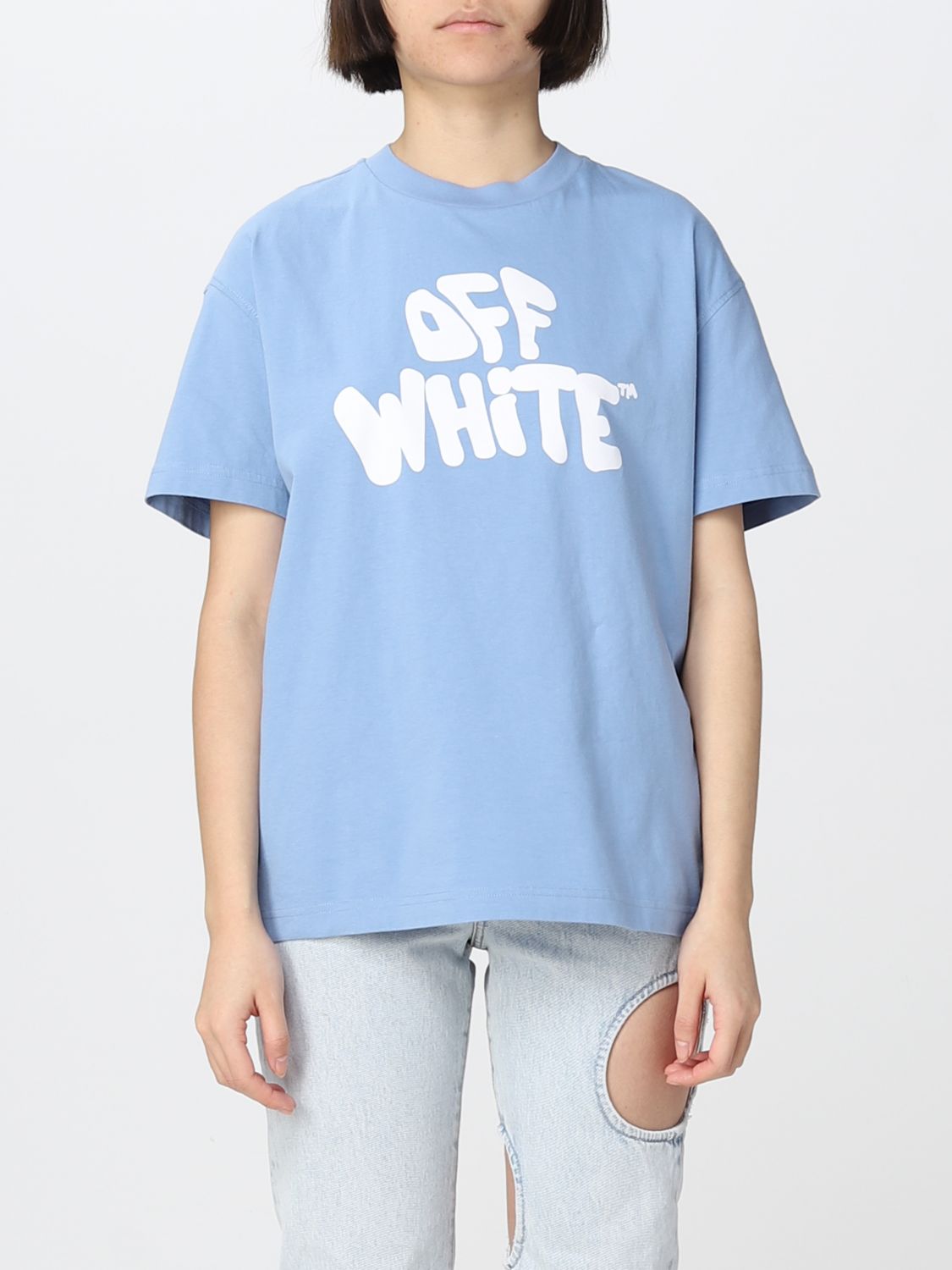 OFF-WHITE: T-shirt in cotone con stampa logo - Azzurro | T-Shirt 