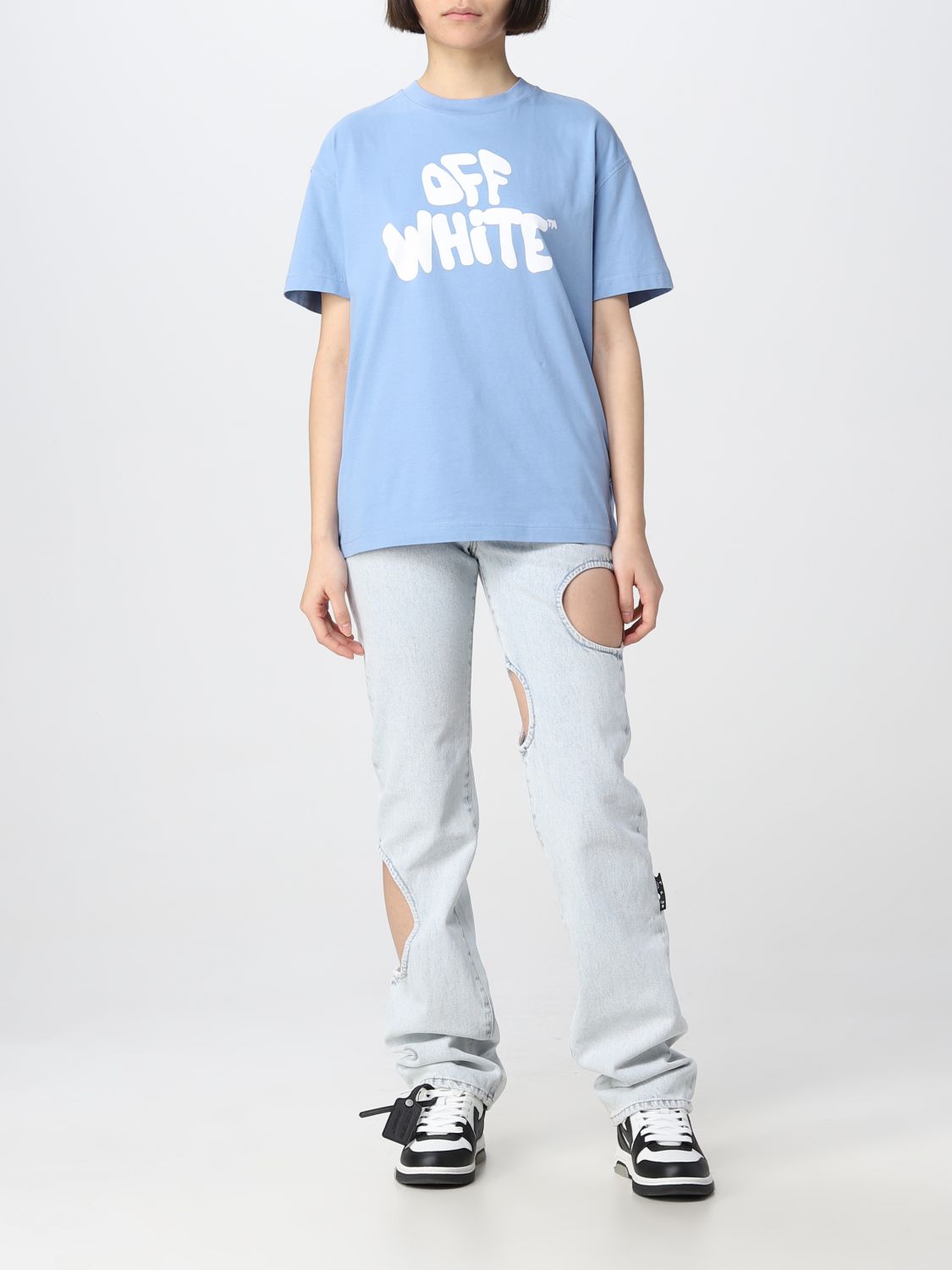 OFF-WHITE: cotton T-shirt with logo print - Gnawed Blue  Off-White t-shirt  OWAA089S23JER017 online at