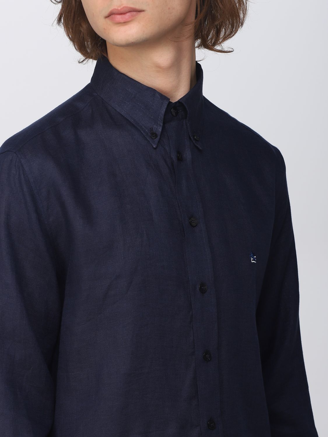Camicia Etro: Camicia Etro in lino con logo Pegaso ricamato blue 5
