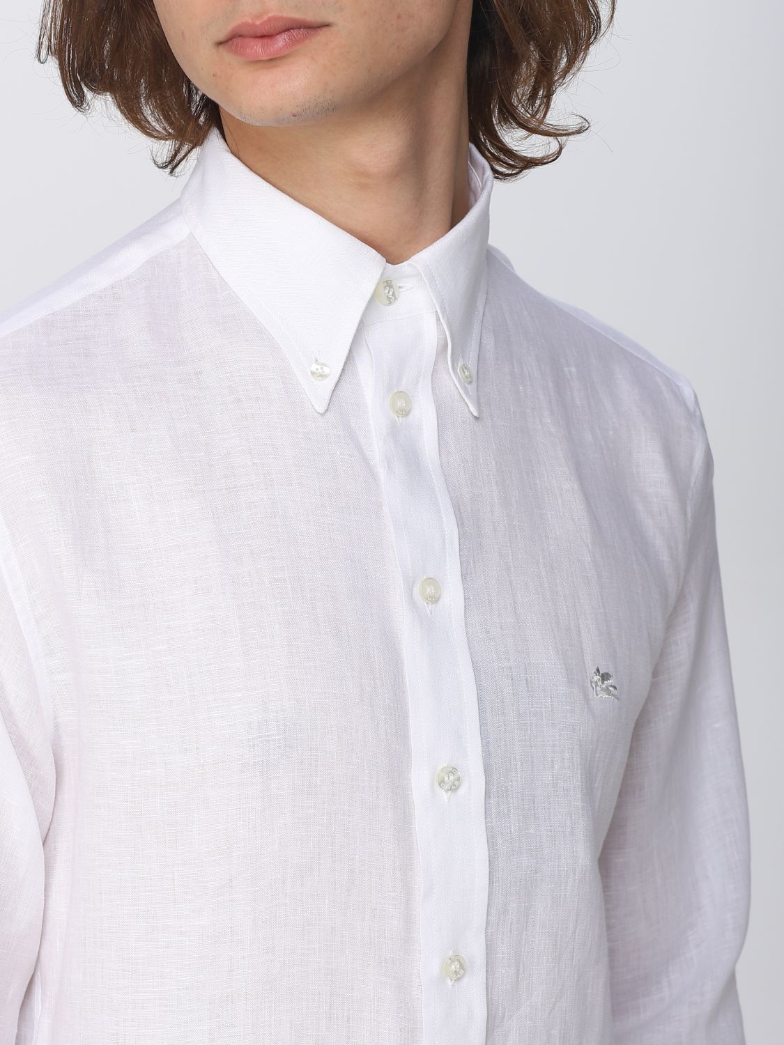 Camicia Etro: Camicia Etro in lino con logo Pegaso ricamato bianco 5