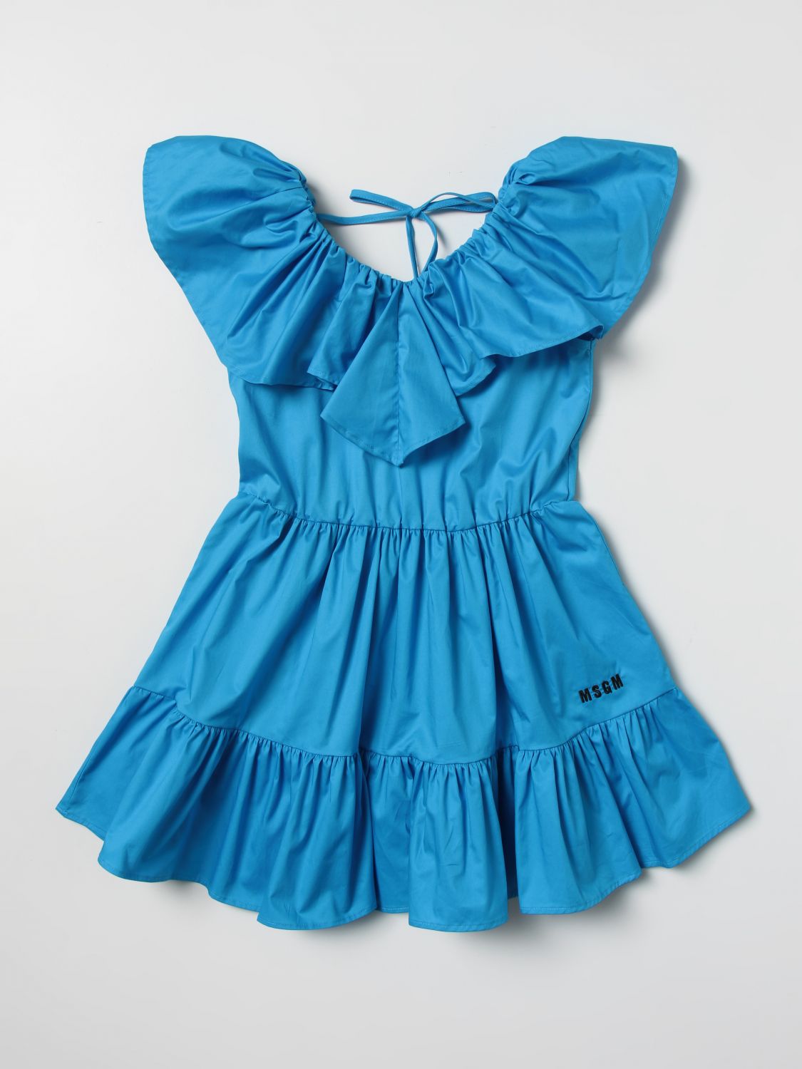 Msgm Kids' Light-blue Dress For Girl With Logo In Gnawed Blue
