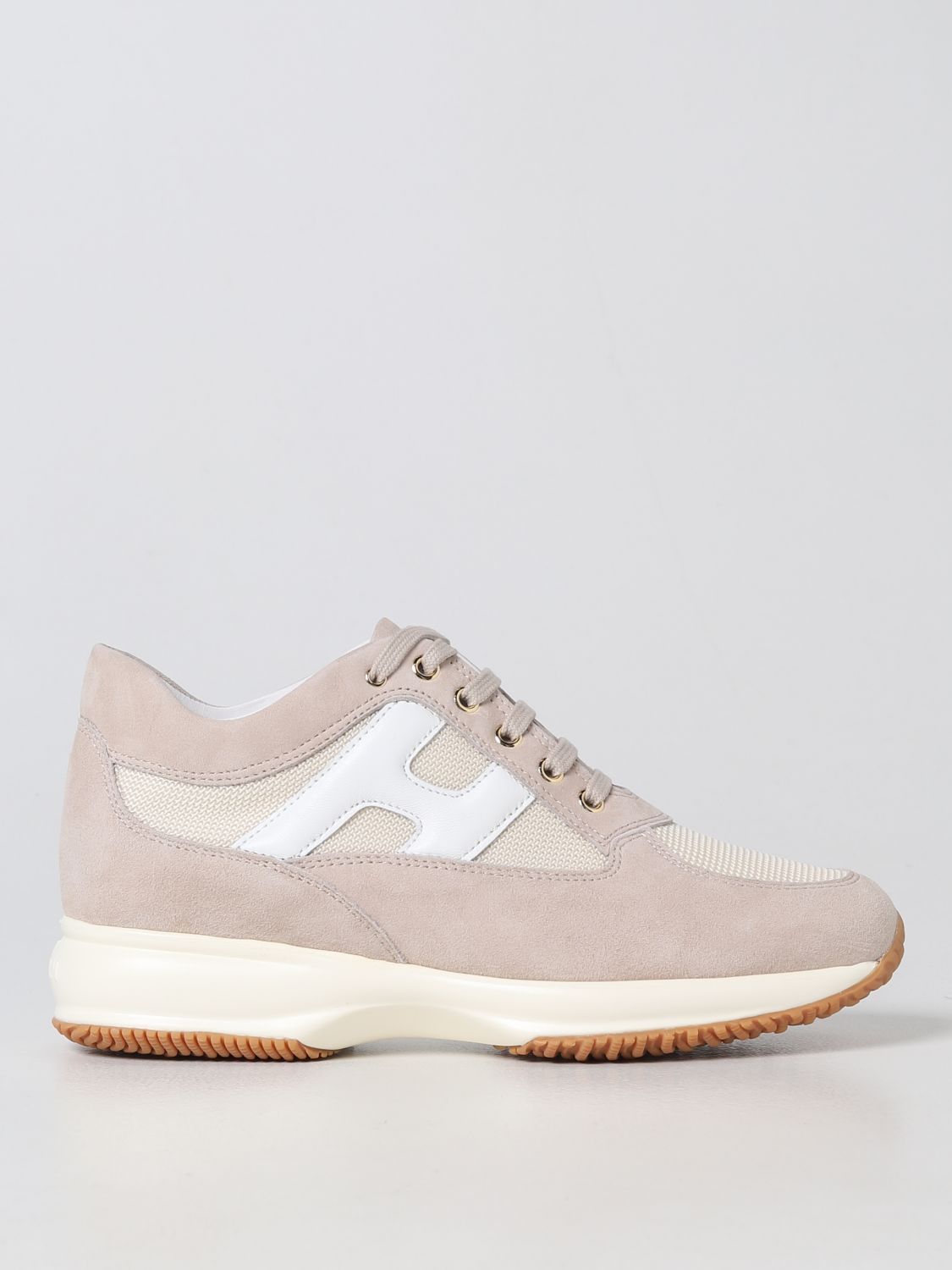 Shop Hogan Interactive Sneakers In Leather And Mesh In Beige