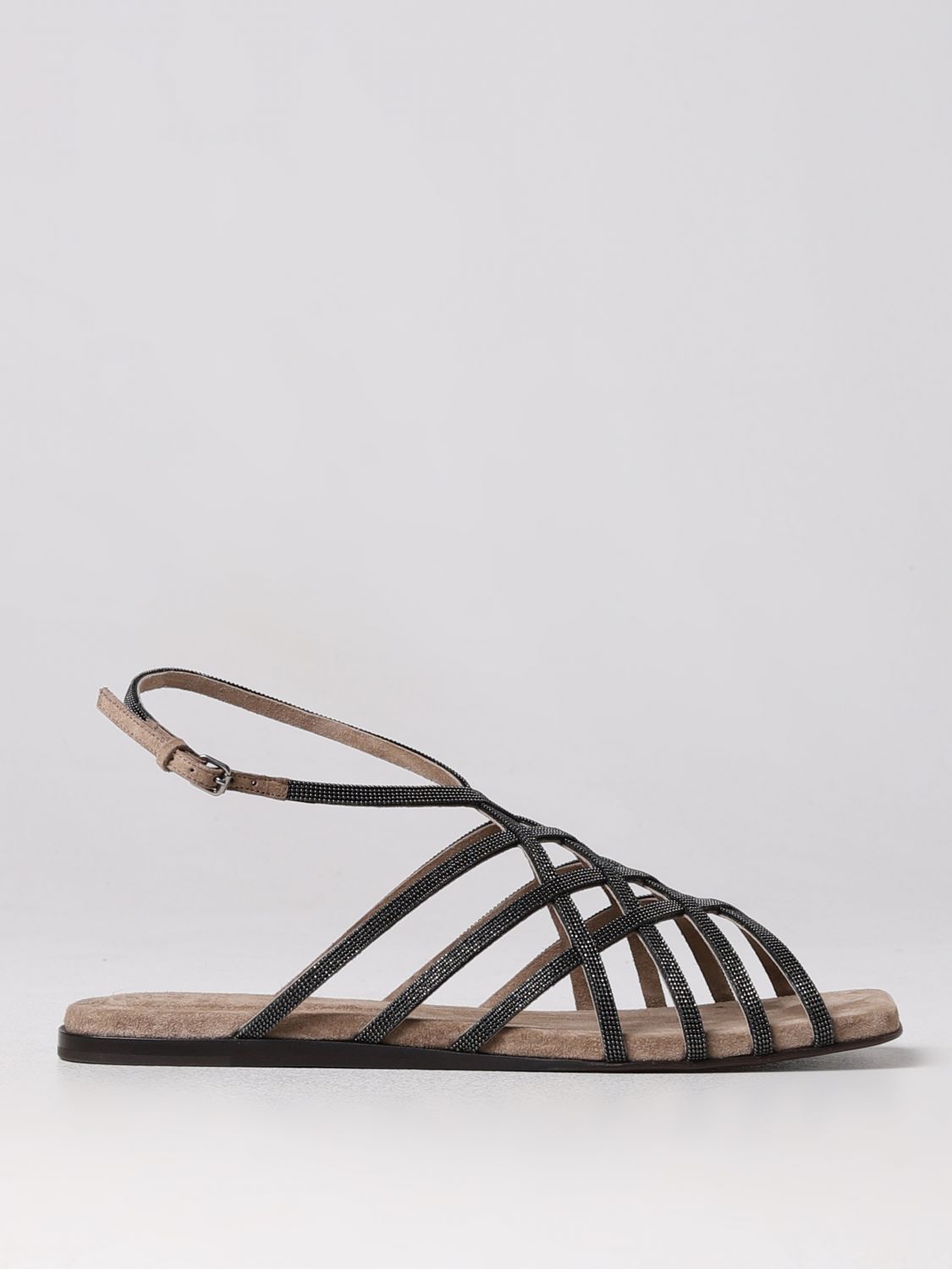 Shop Brunello Cucinelli Sandal In Leather With Jewel In Brown