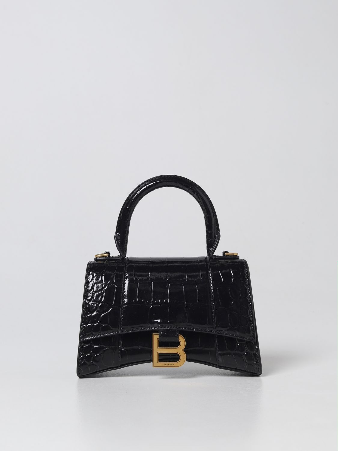 BALENCIAGA: Hourglass bag in crocodile print leather Black | Balenciaga mini bag online on