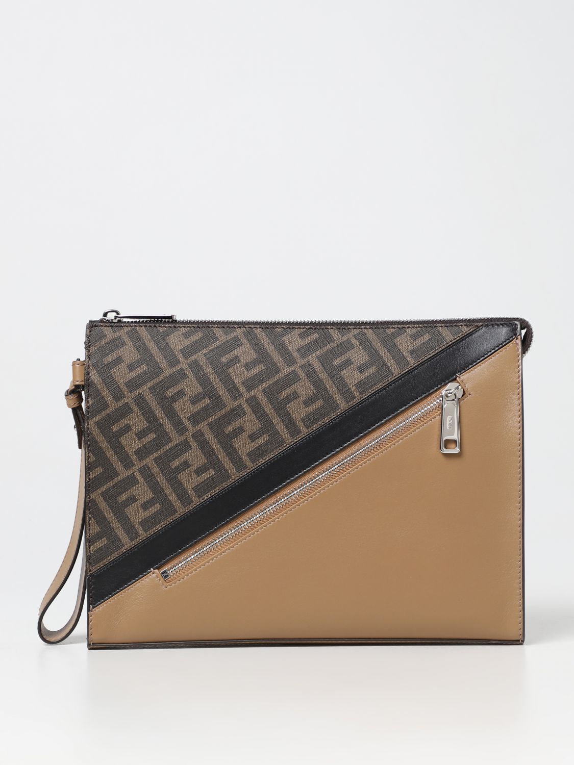 FENDI: clutch in leather and coated canvas with FF monogram - Tobacco ...