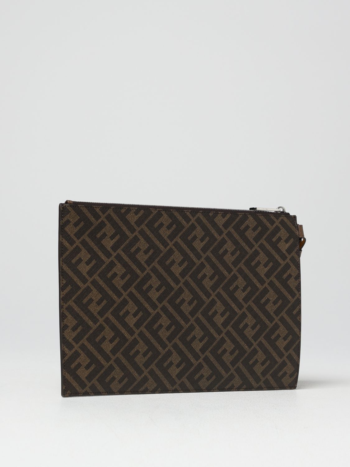FENDI: pouch in coated cotton with all-over FF monogram - Tobacco ...