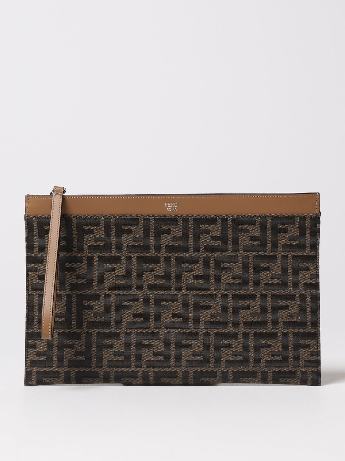 FENDI: clutch bag in fabric and leather - Brown | Fendi briefcase ...