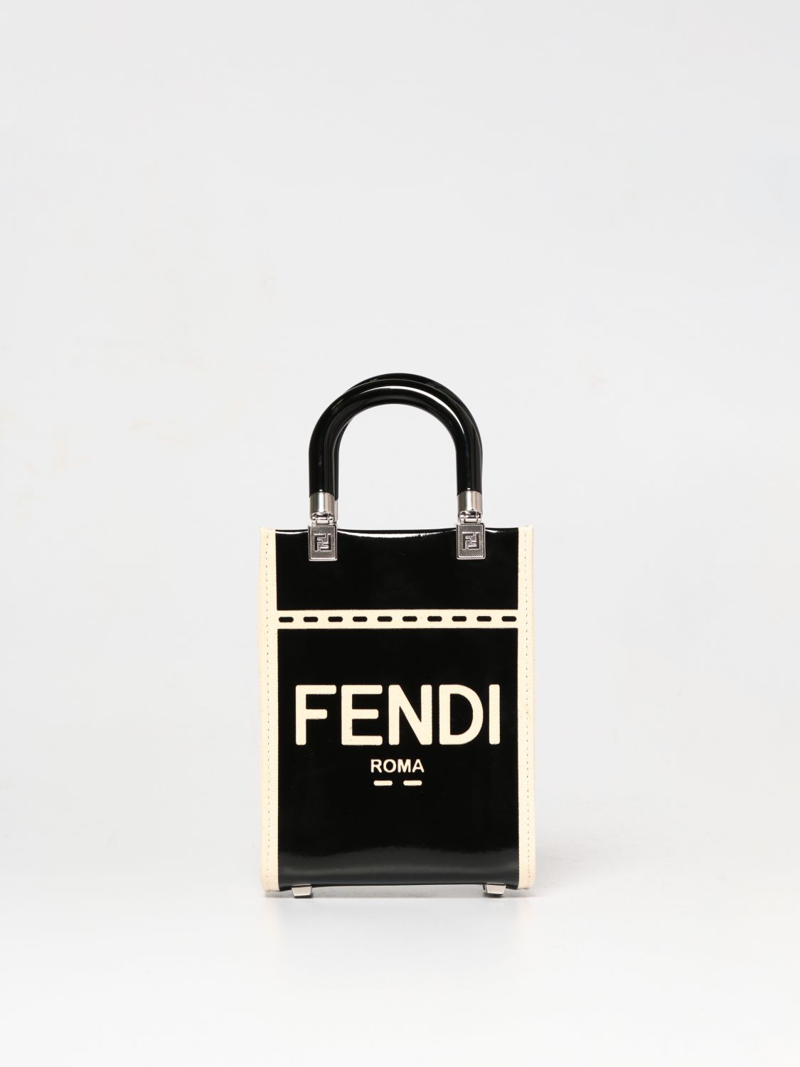 Fendi Outlet: Sunshine Mini bag in canvas and patent leather - Black ...