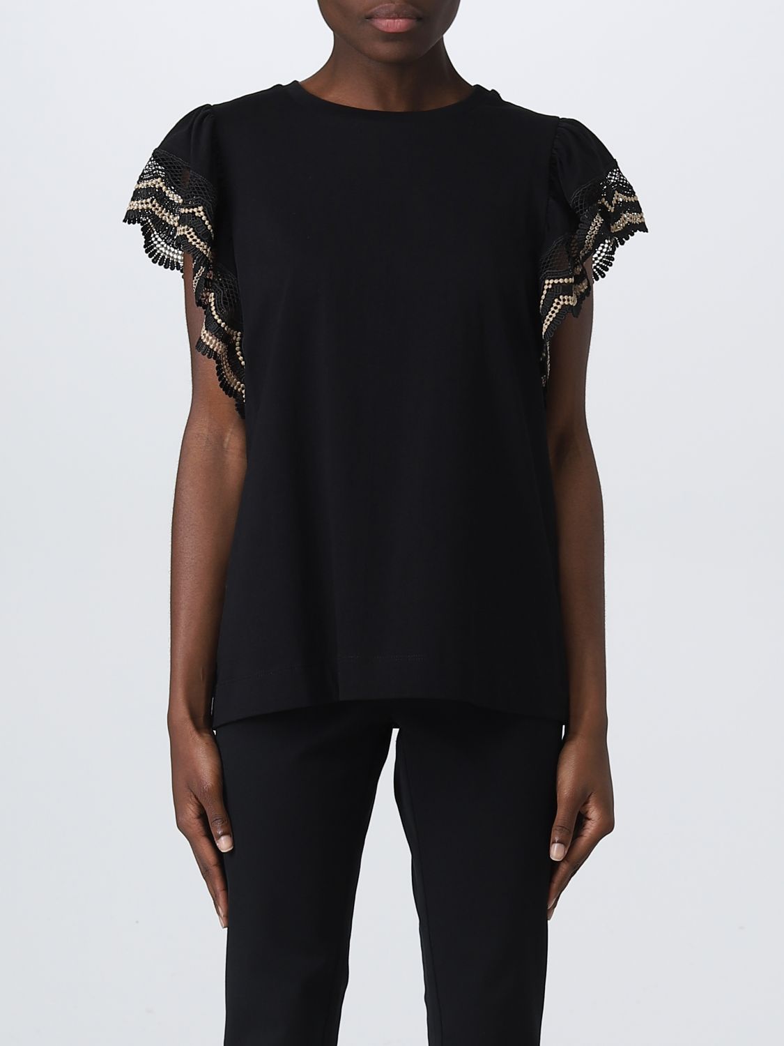 TWINSET: T-shirt in jersey with macramé lace edges - Black | Twinset t ...