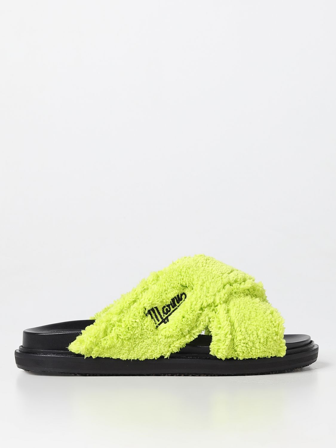 Shop Marni Toweling Sandals With Embroidered Logo In Lime