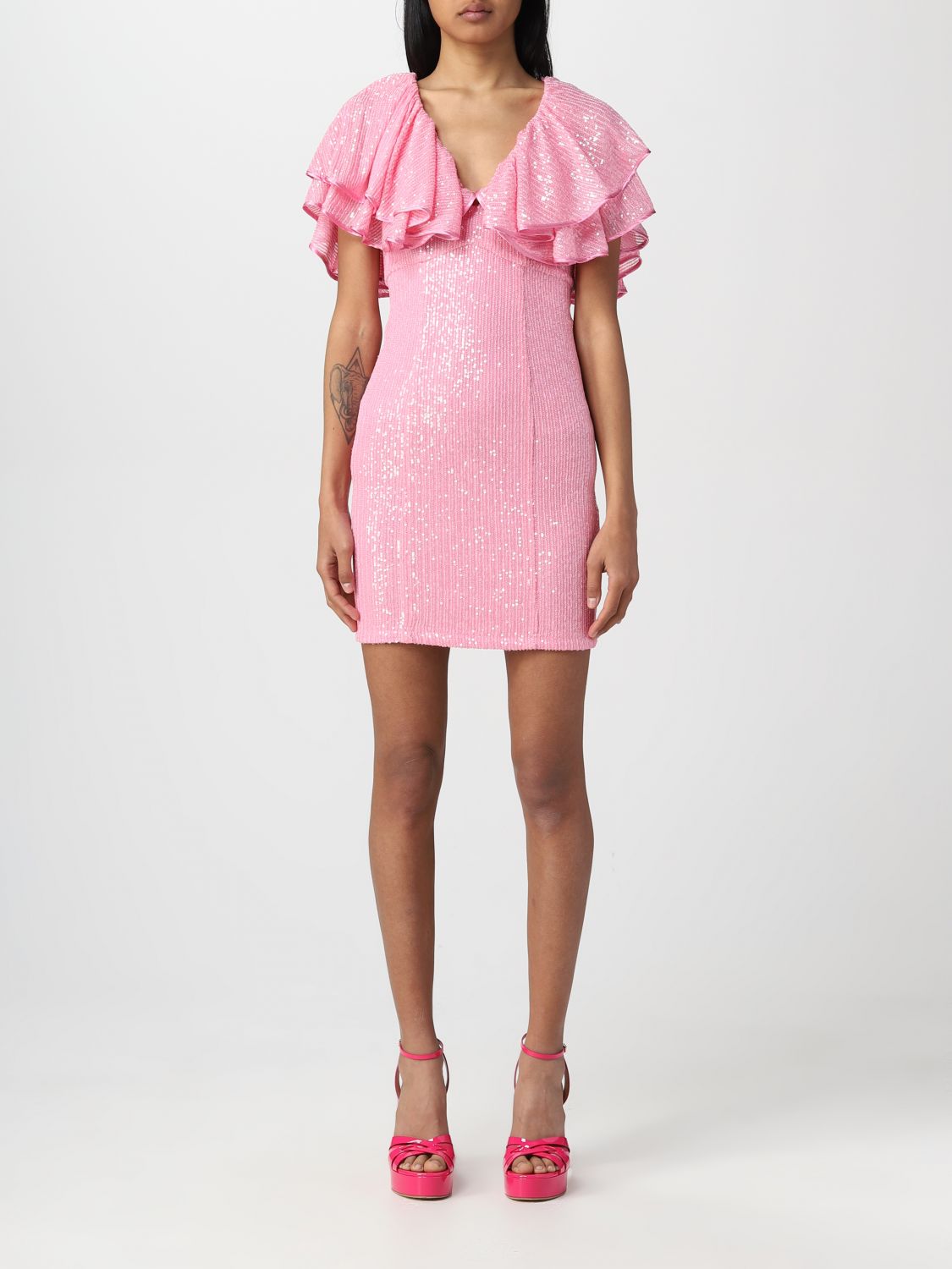 Rotate Birger Christensen Ruffle-trimmed Sequined Mini Dress In Pink