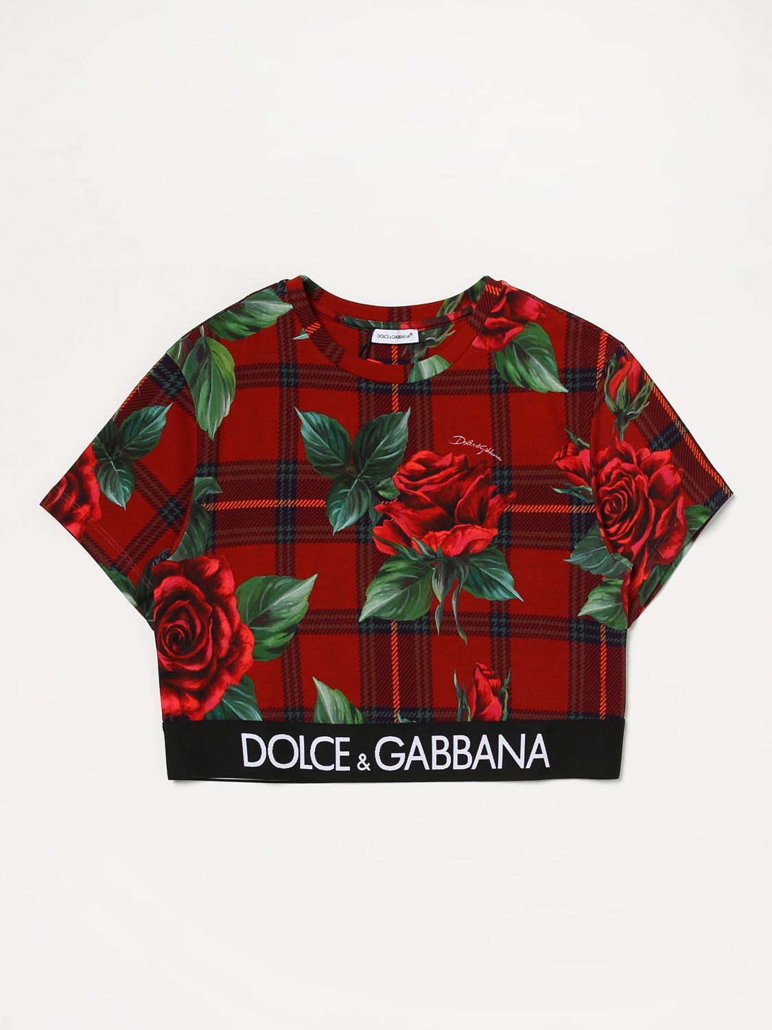Dolce & Gabbana Kids' Top In Stretch Cotton With Rose Print And Logo Elastipumps In Red
