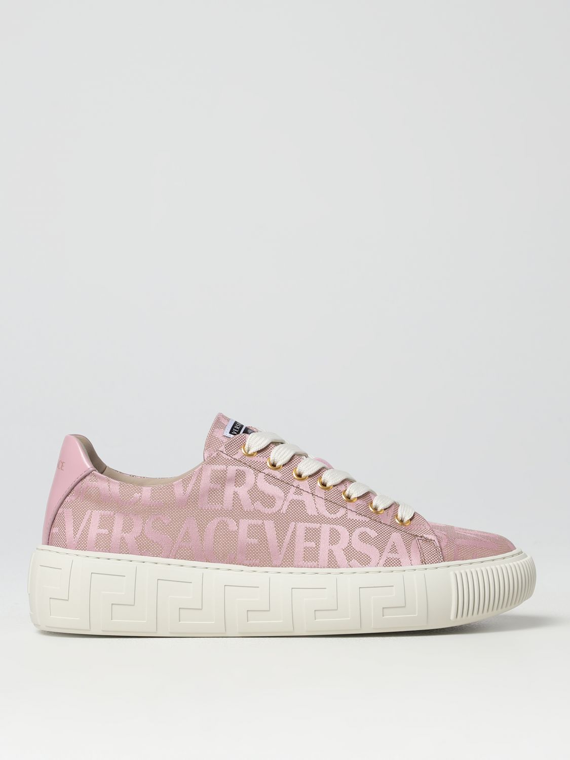 Shop Versace Sneakers In Fabric With Jacquard Logo In Pink