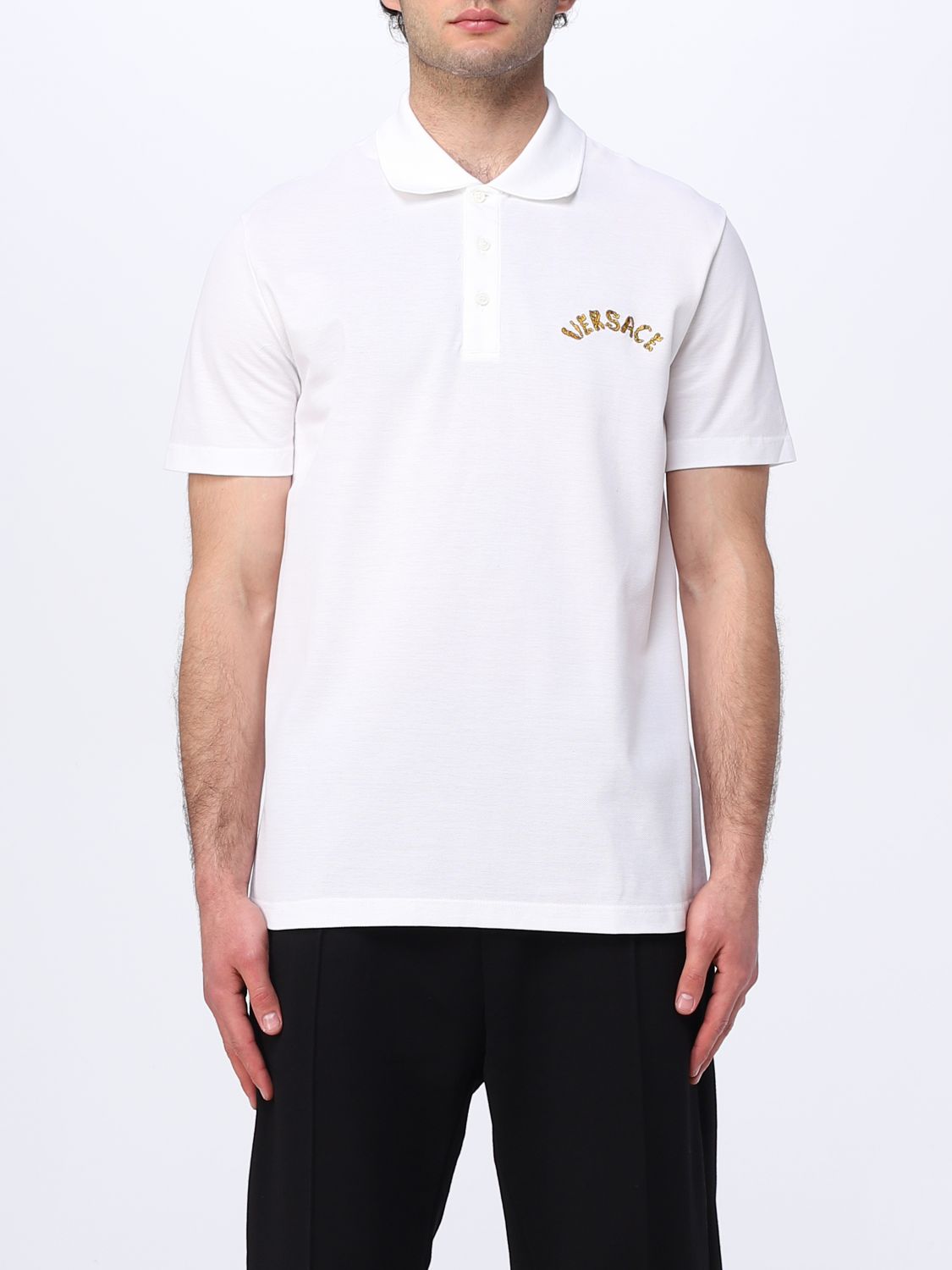 Shop Versace Polo Shirt In Cotton Piqué In White