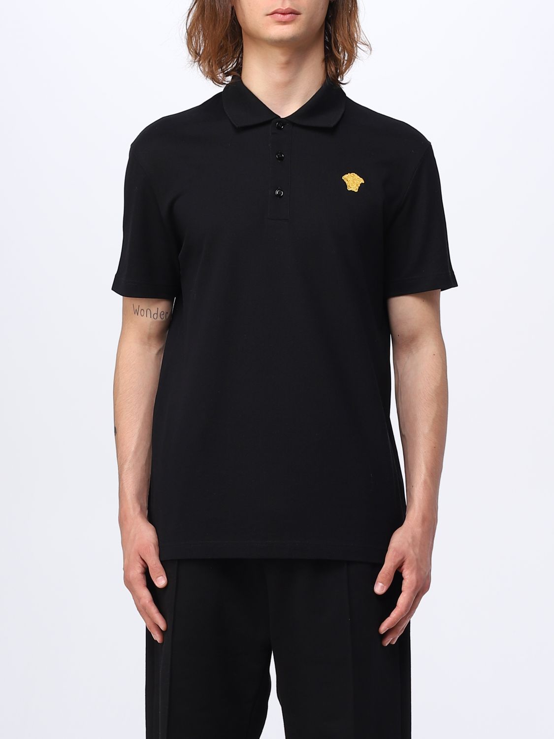 Shop Versace Cotton Polo Shirt In Black