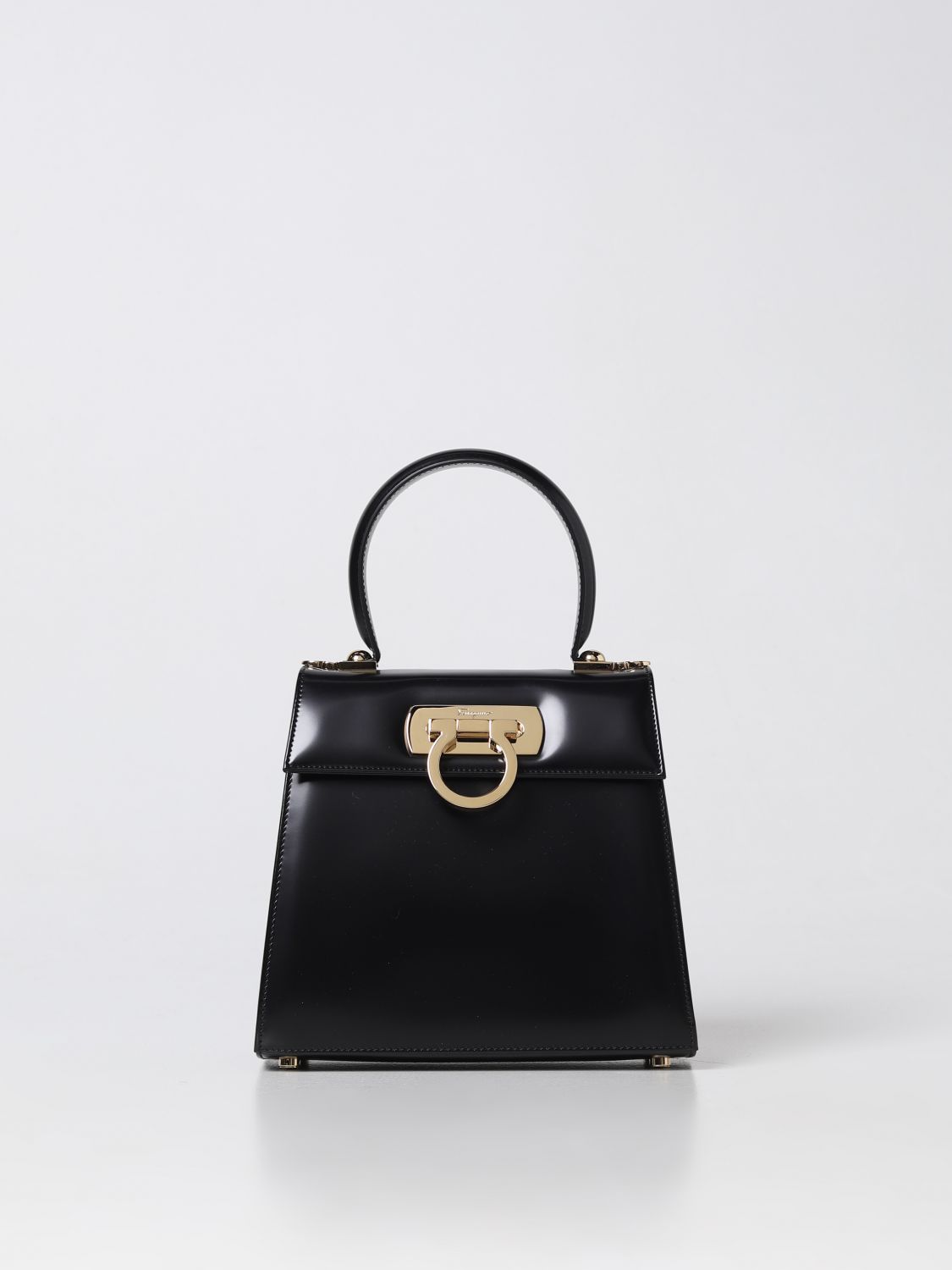 FERRAGAMO: Iconic Top Handle bag in leather with Gancini - Black ...