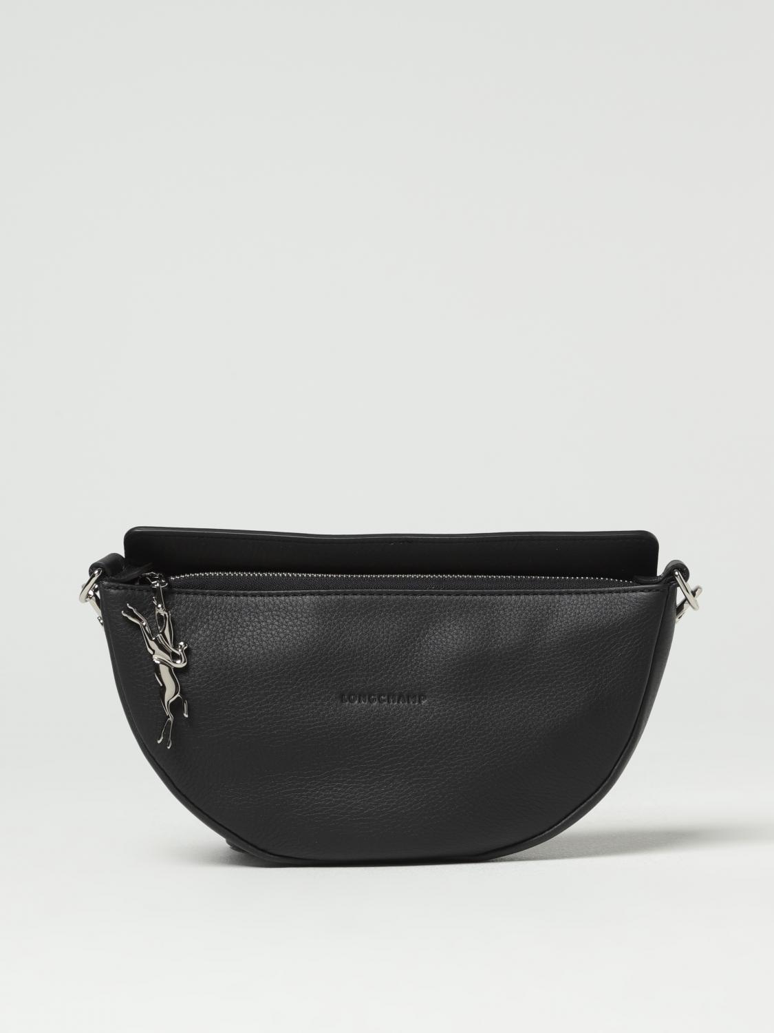 LONGCHAMP: bag in grained leather with logoed shoulder strap - Black ...