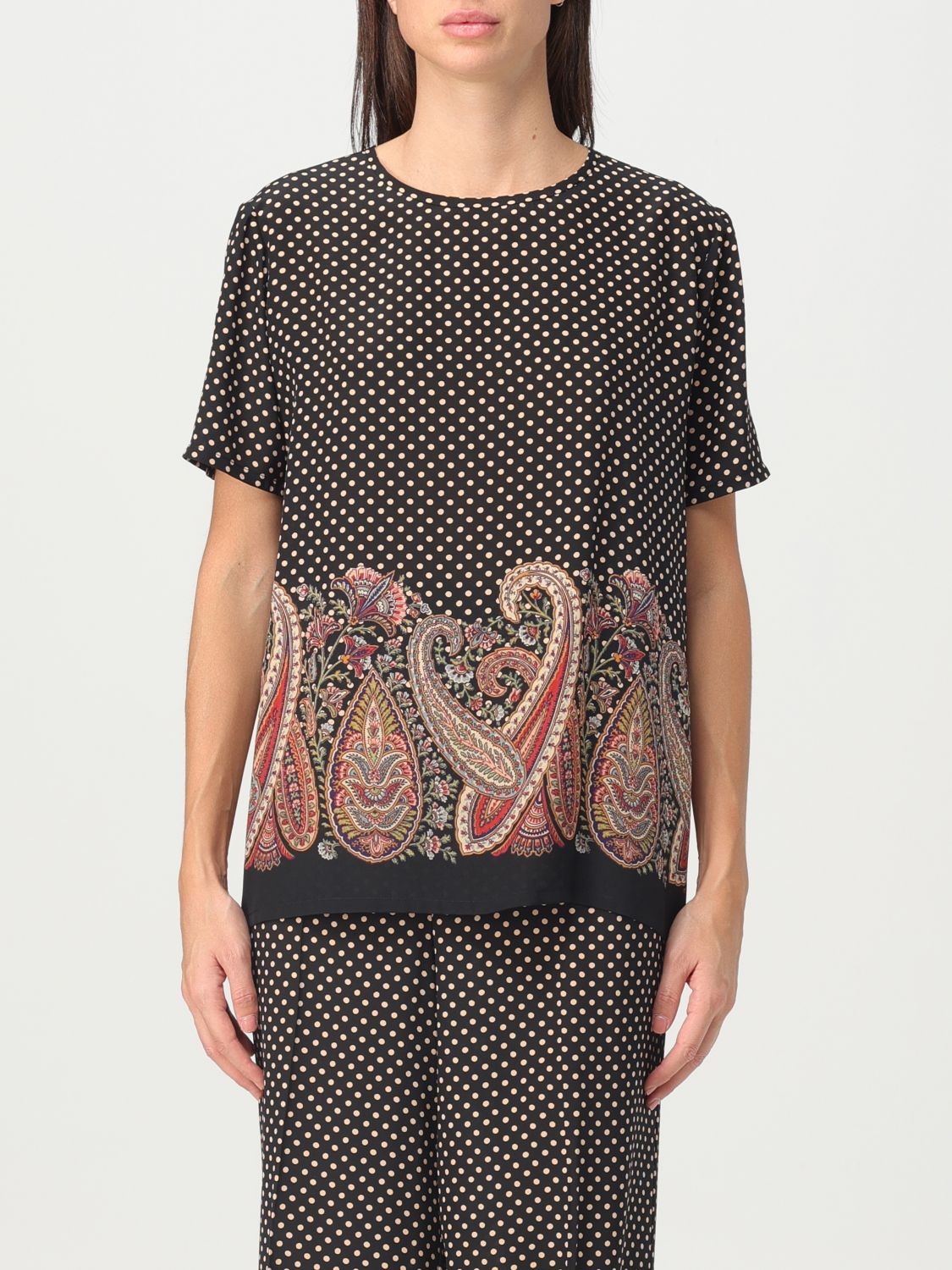 Shop Etro Blouse In Silk Crêpe De Chine With Paisly And Polka Dots Print In Black