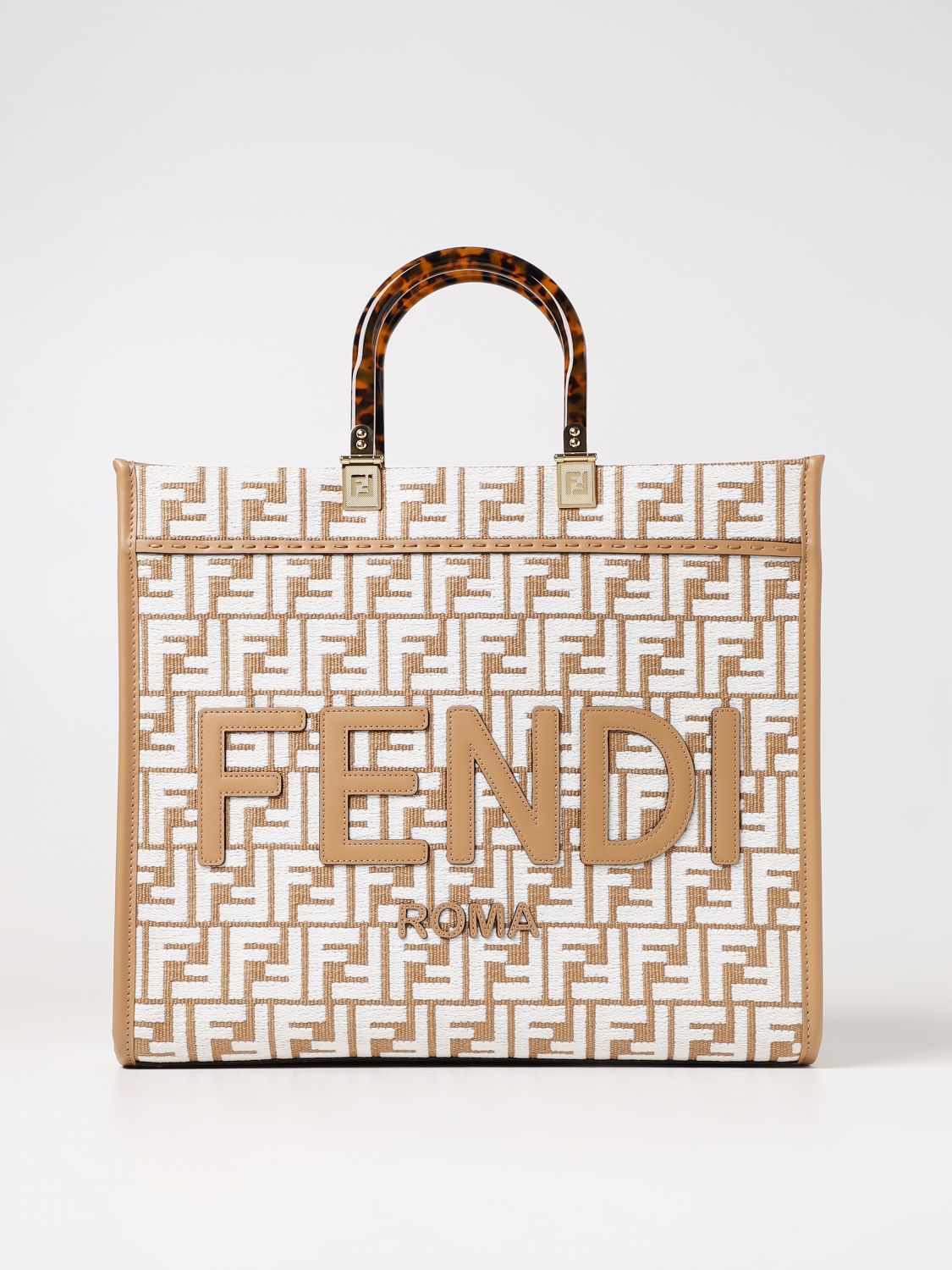 FENDI: Baguette bag in raffia with embroidered FF monogram - Beige