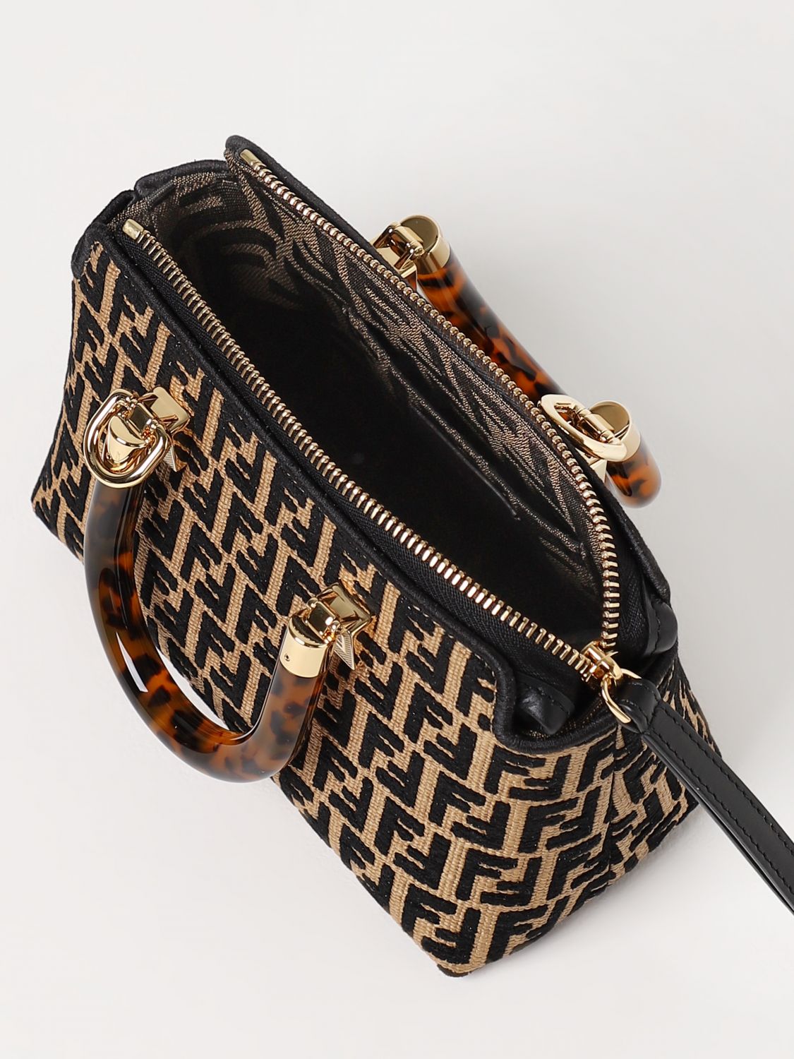 FENDI: By The Way Mini bag in raffia with all-over embroidered FF monogram  - Beige