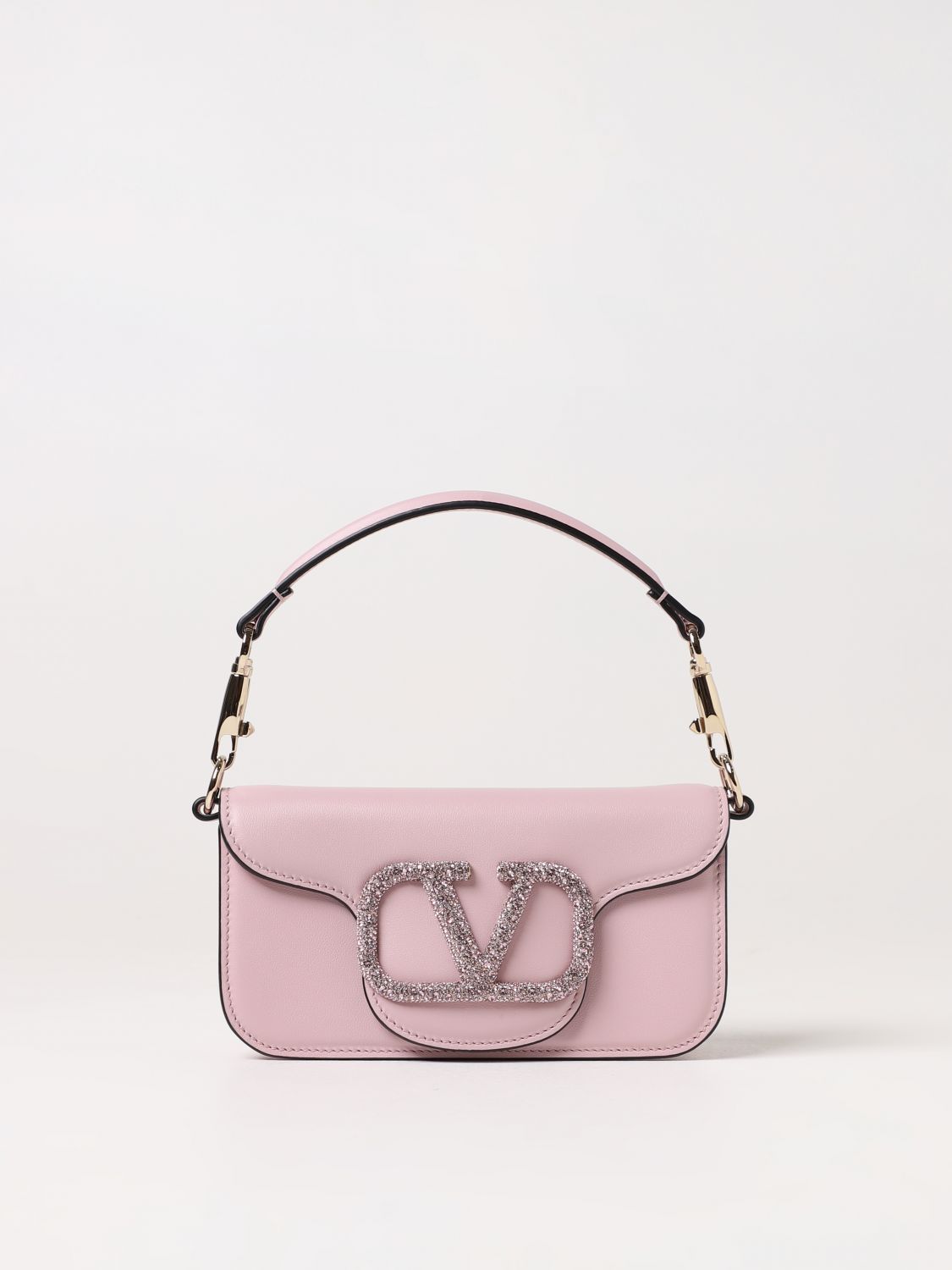 VALENTINO GARAVANI: Locò bag in leather with VLogo Signature in rhinestones  - Blush Pink
