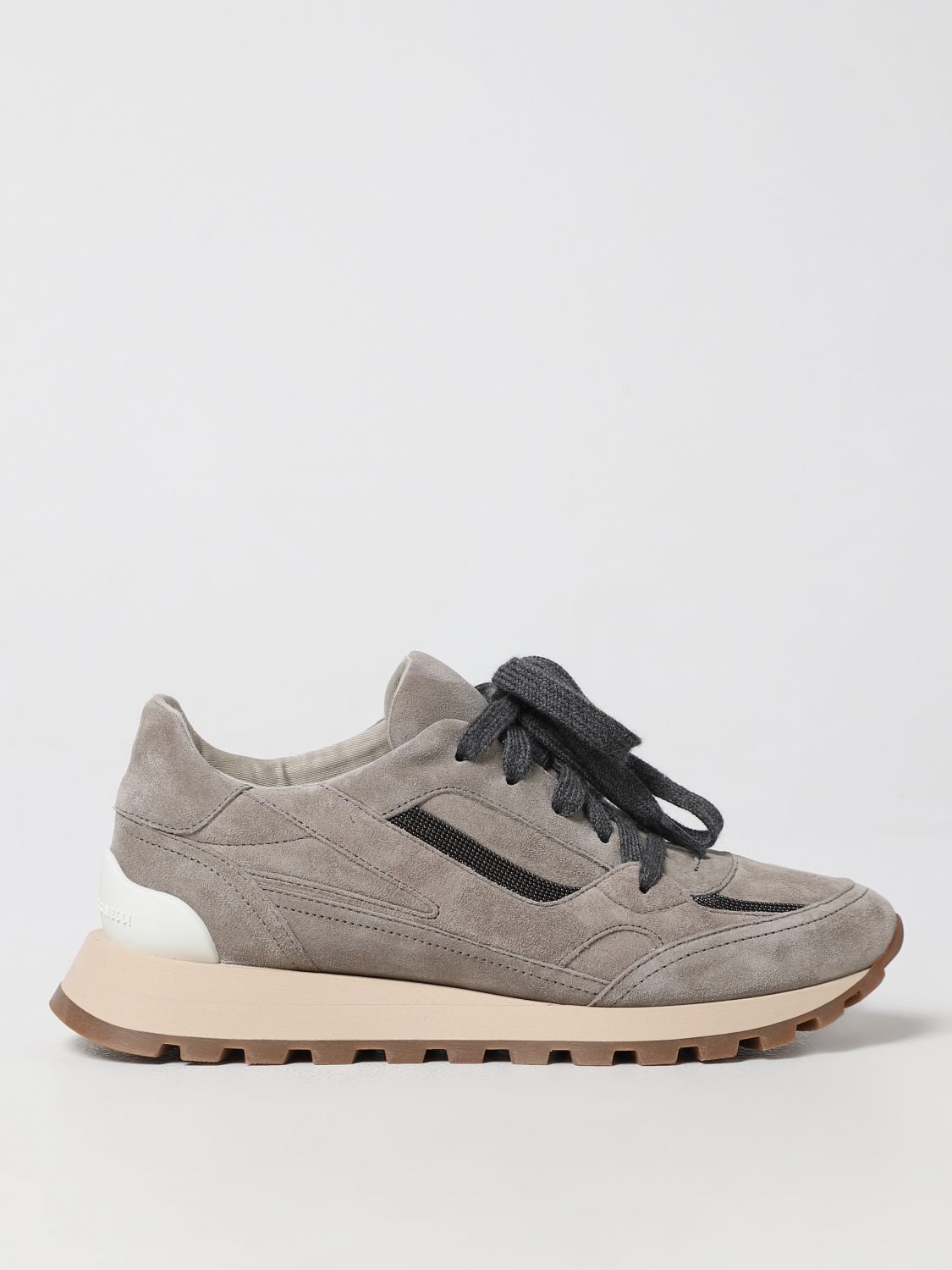 Shop Brunello Cucinelli Sneakers In Suede With Monili In Grey