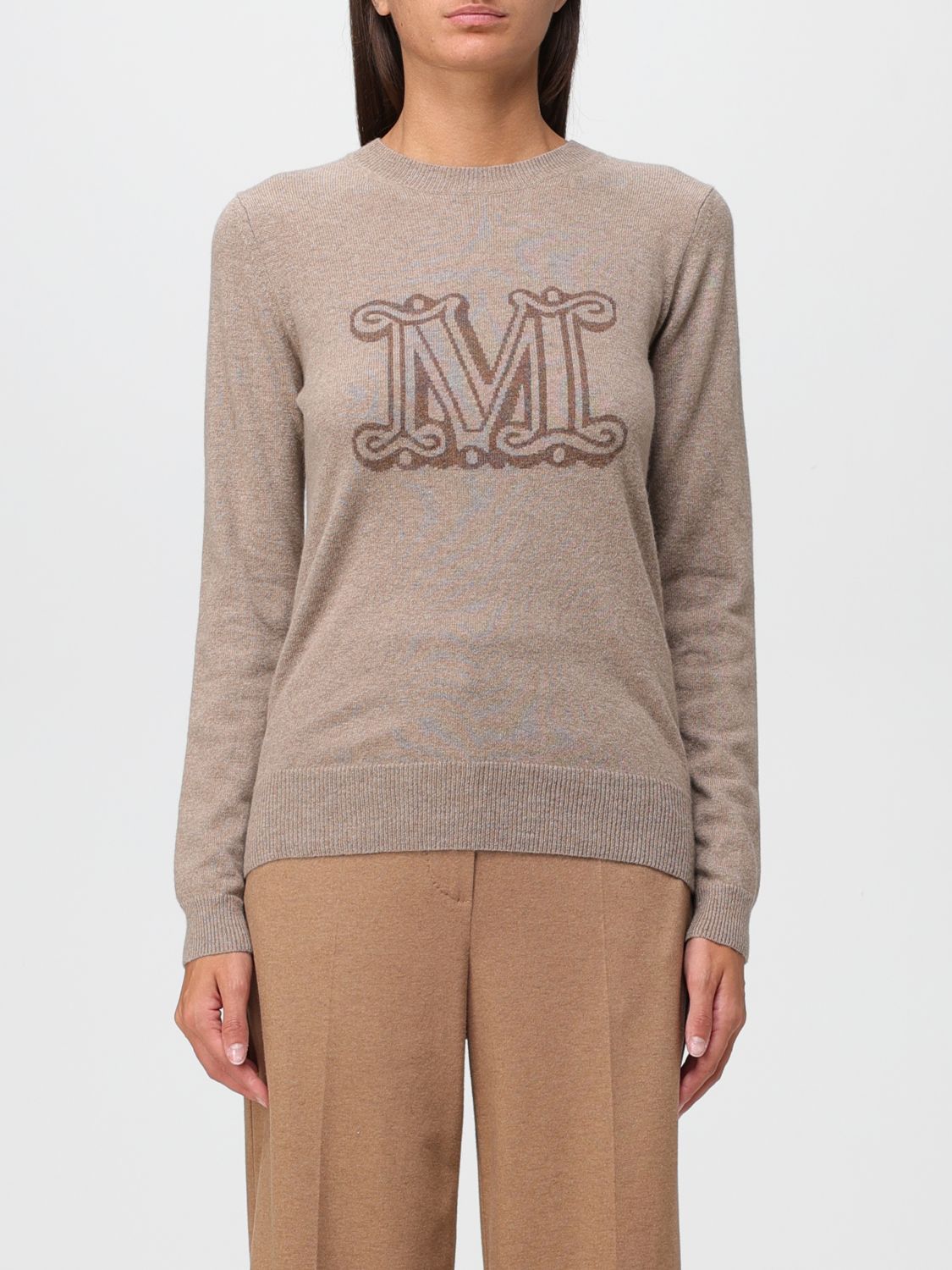 Shop Max Mara Cashmere Sweater With Jacquard Monogram In Beige