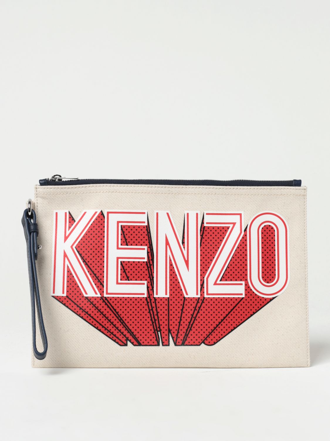 Kenzo Pouch In Canvas With Printed Logo In Ecru