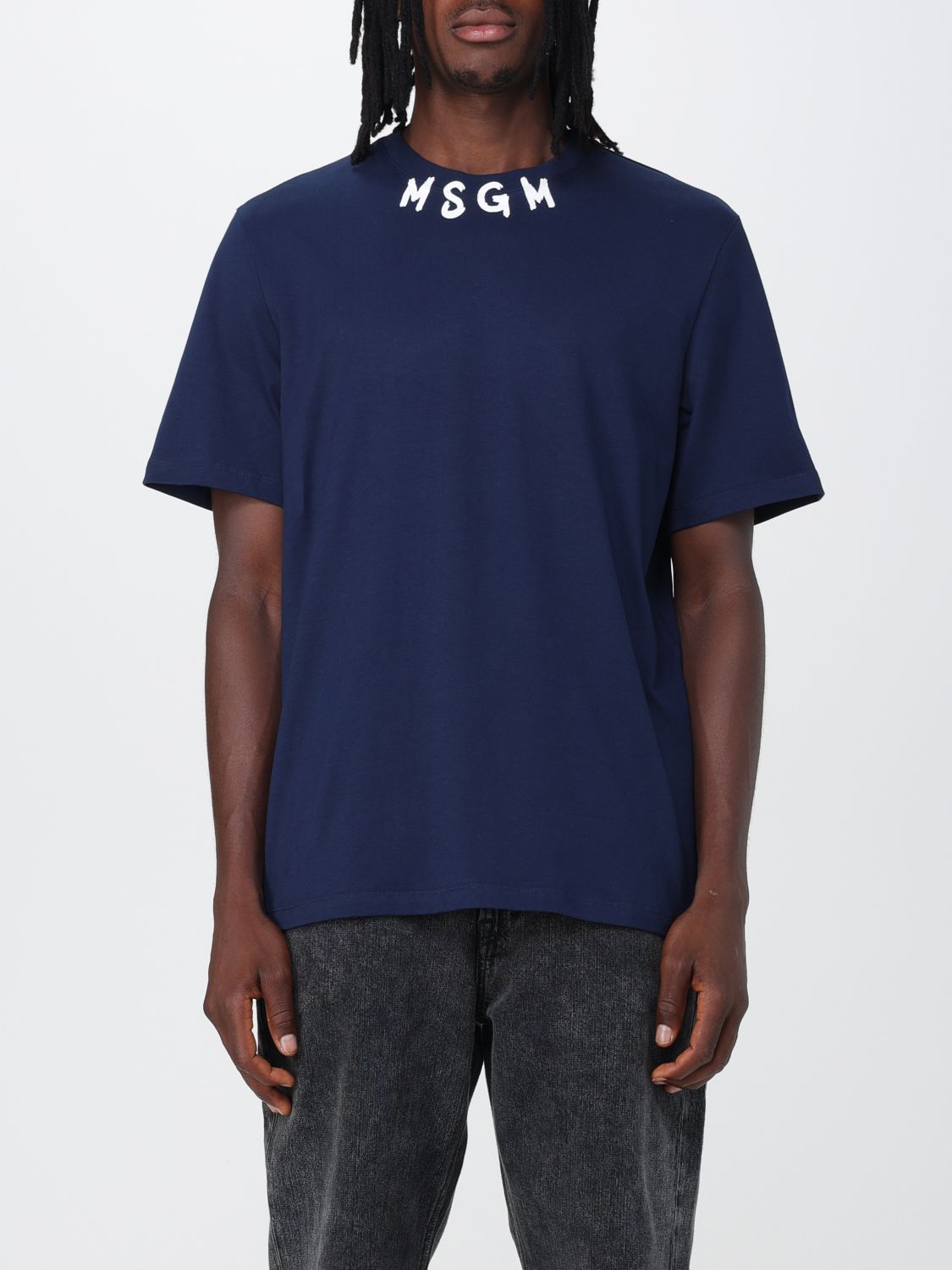 MSGM: cotton t-shirt with logo print - Blue 1 | MSGM t-shirt