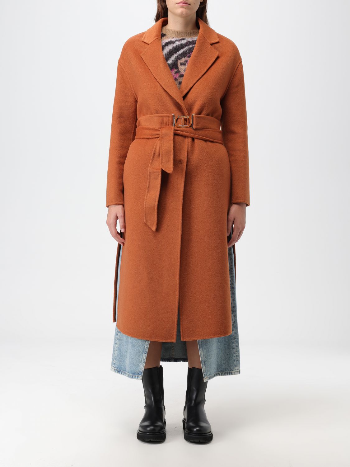 Twinset Coat With Belt In Leather