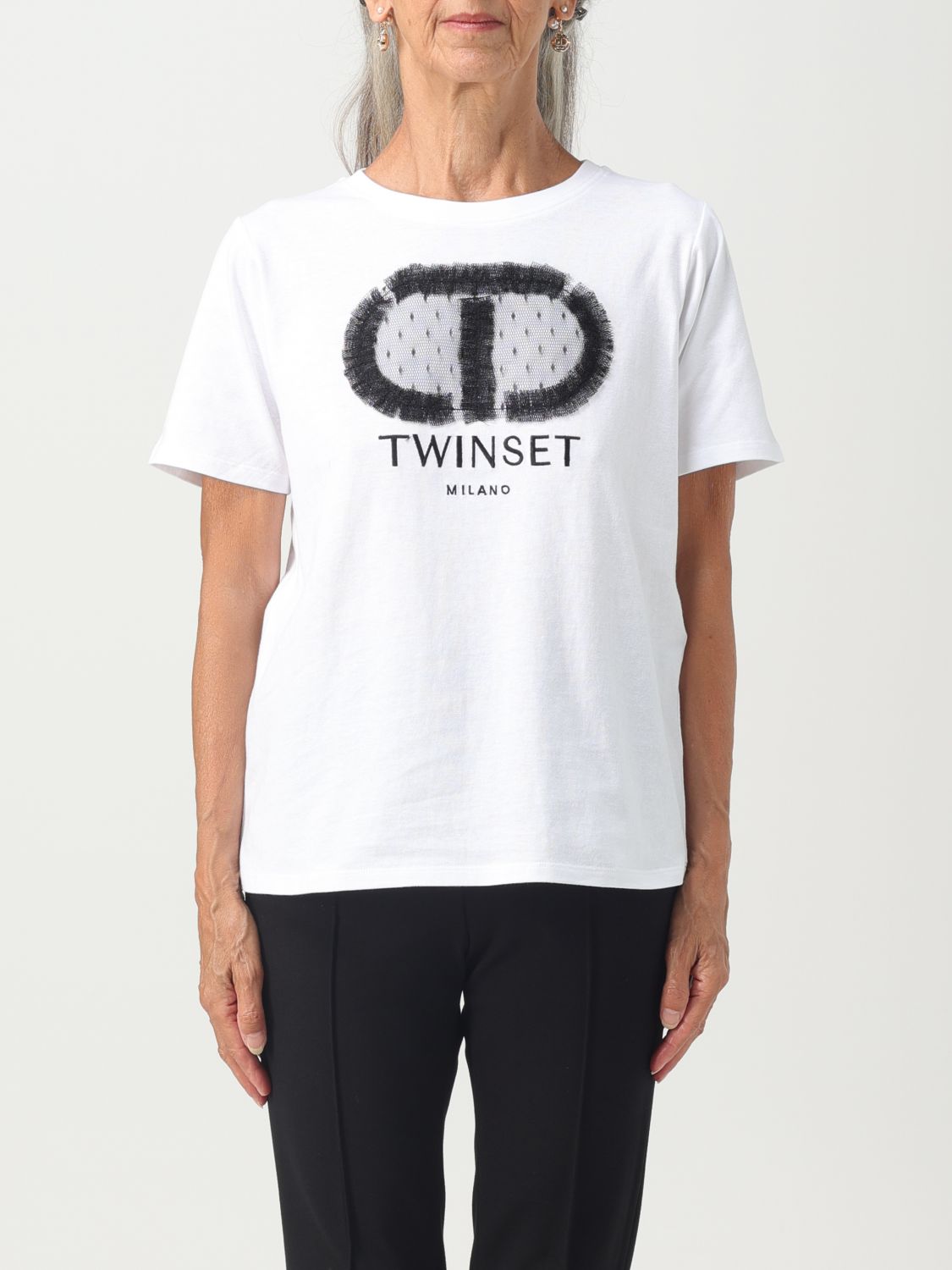 Womens T-Shirts & Tops  TWINSET Milano Maxi T-Shirt With Print Optical  White / Jaguar Print & College — TwentyTwoGrand