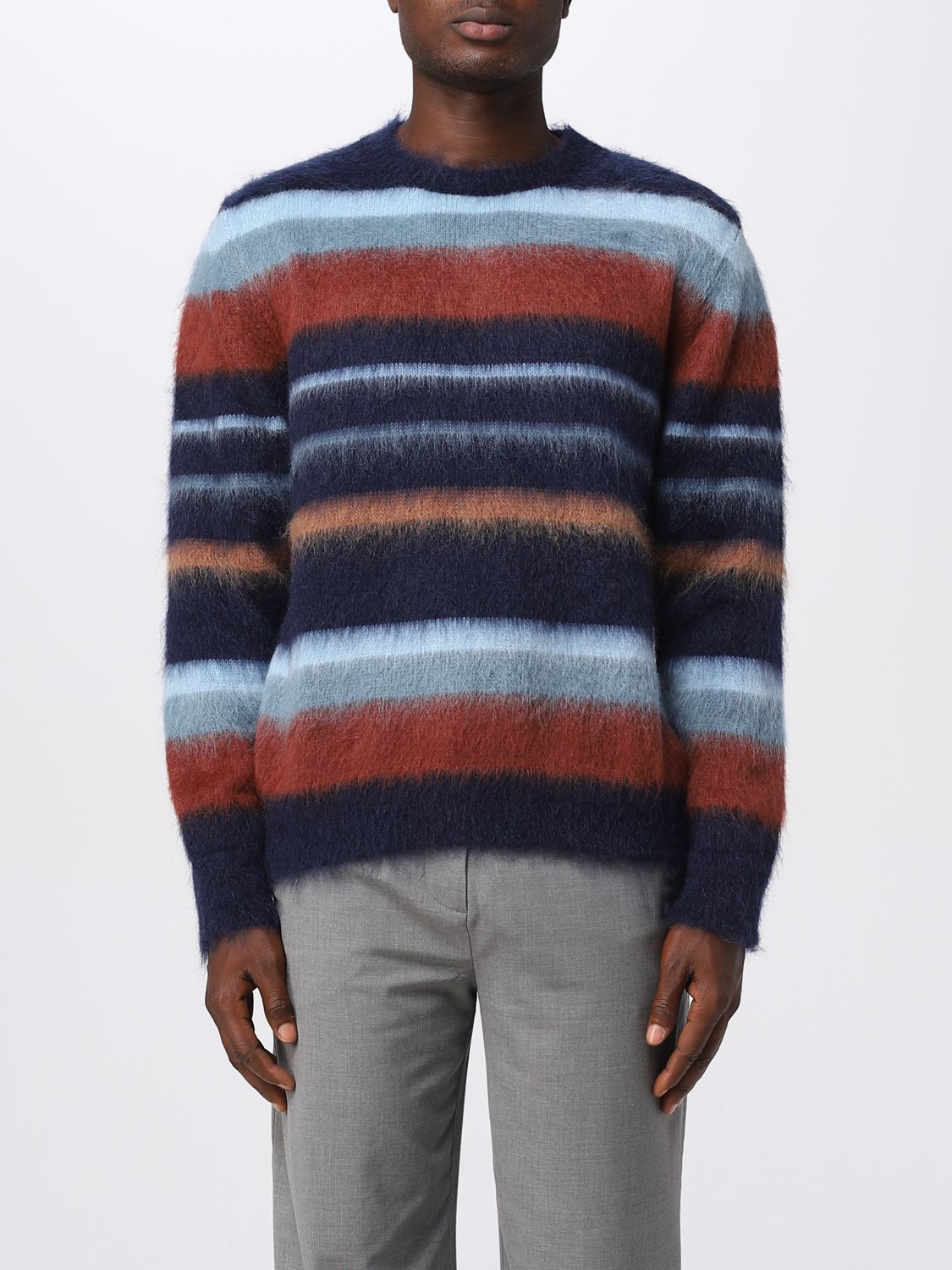 Shop Etro Sweater In Mohair Wool Blend With Striped Pattern In Blue