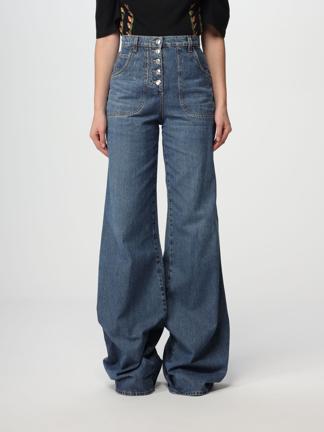 Shop Etro Flared Jeans With Embroidery In Denim