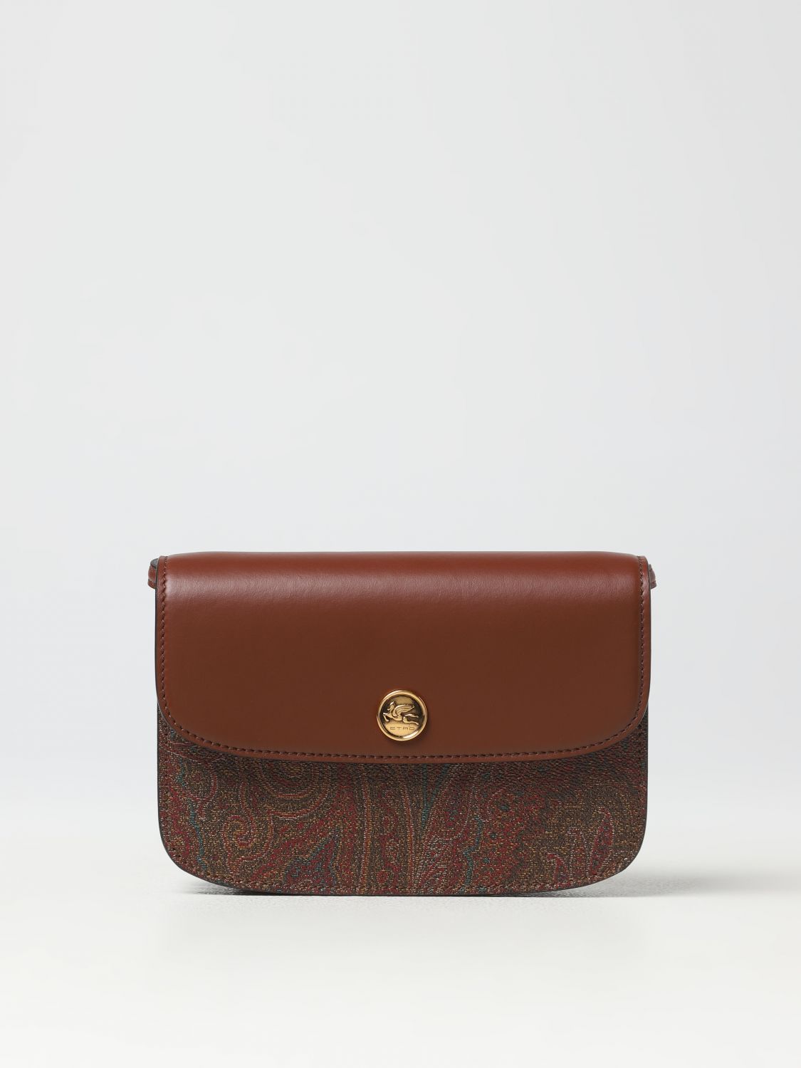 Shop Etro Paisley Essential Bag In Coated Cotton And Leather In Brown