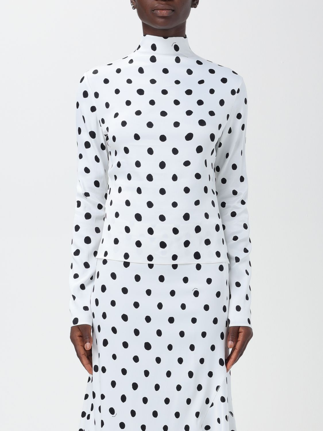 Shop Marni T-shirt In Stretch Satin With Polka Dots Pattern In White