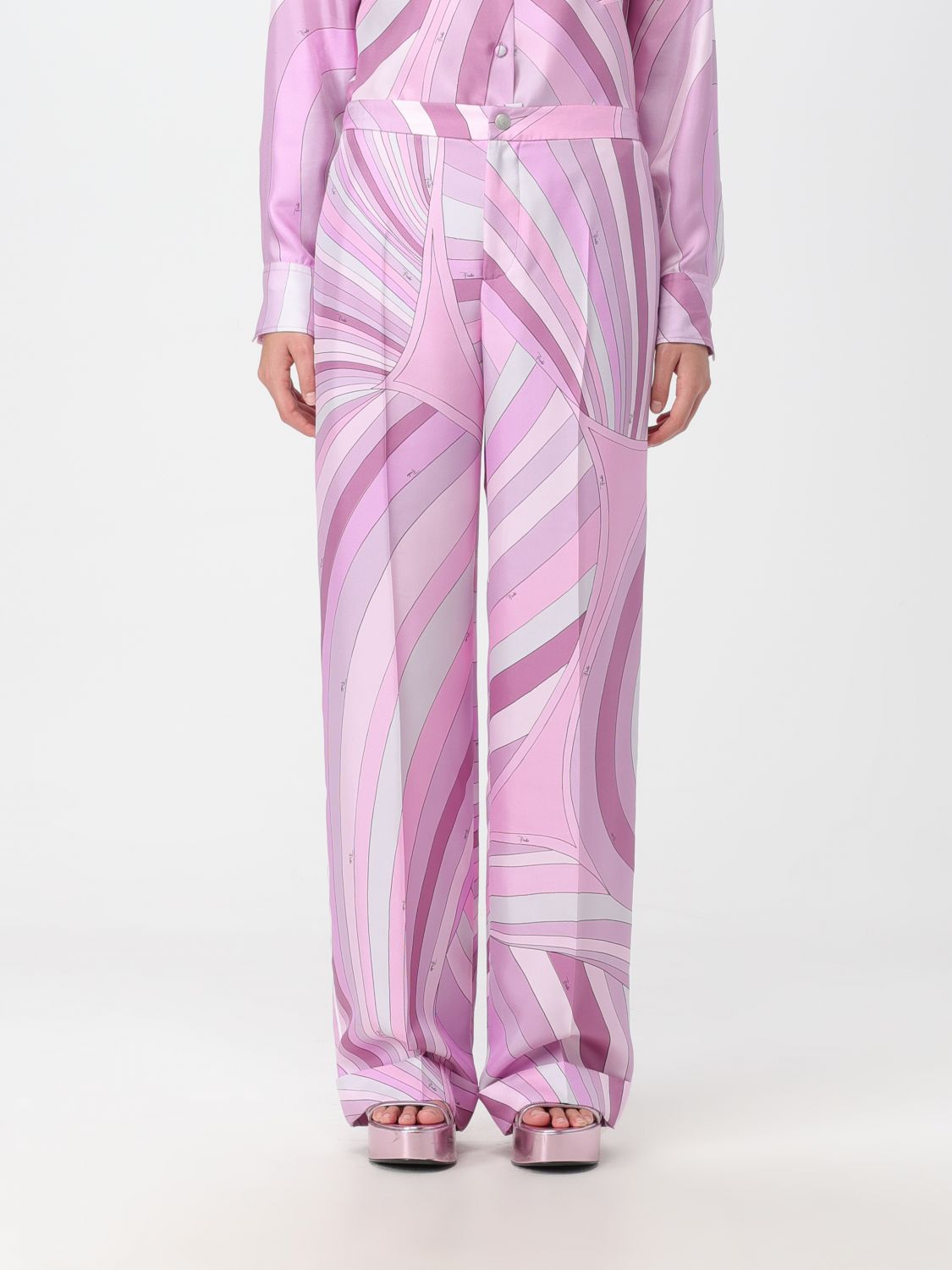 Emilio Pucci Pale Pink Battistero Print Silk Palazzo Trousers & Shirt Set M  Emilio Pucci