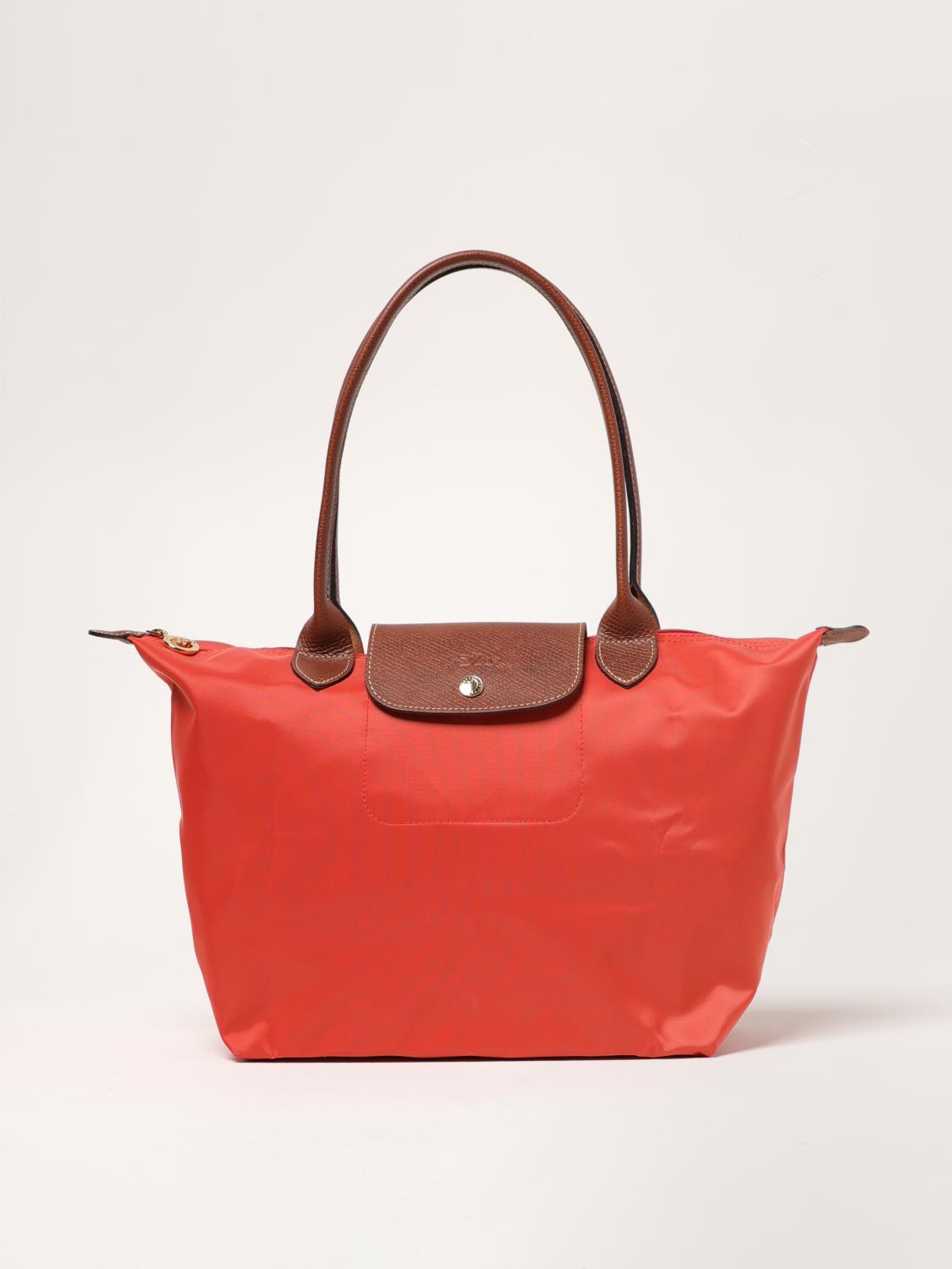 Longchamp Le Pliage Bag In Nylon And Grained Leather In Coral