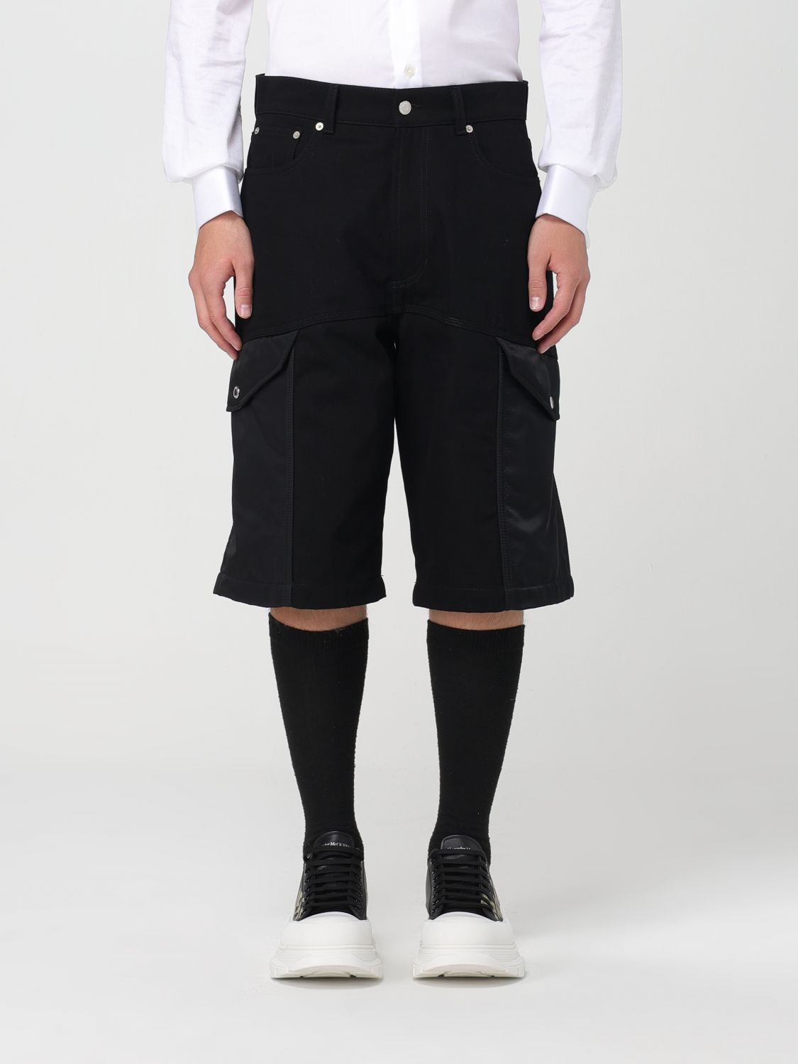 Alexander Mcqueen Hybrid Denim Cargo Shorts In Black