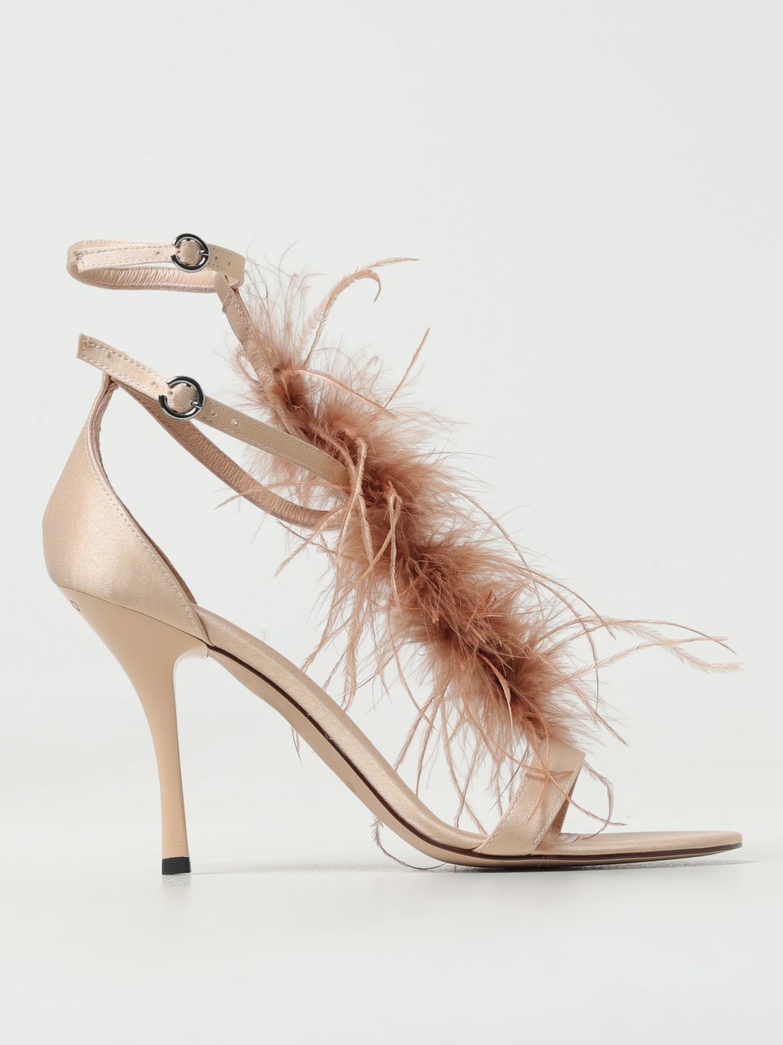 Shop Pinko Janis Sandals In Satin With Feathers In Blush Pink
