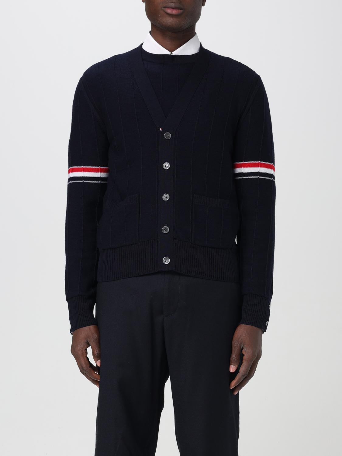 Thom Browne Textured Knit Cardigan With Deep V-neckline And Decorative Buttons In Navy