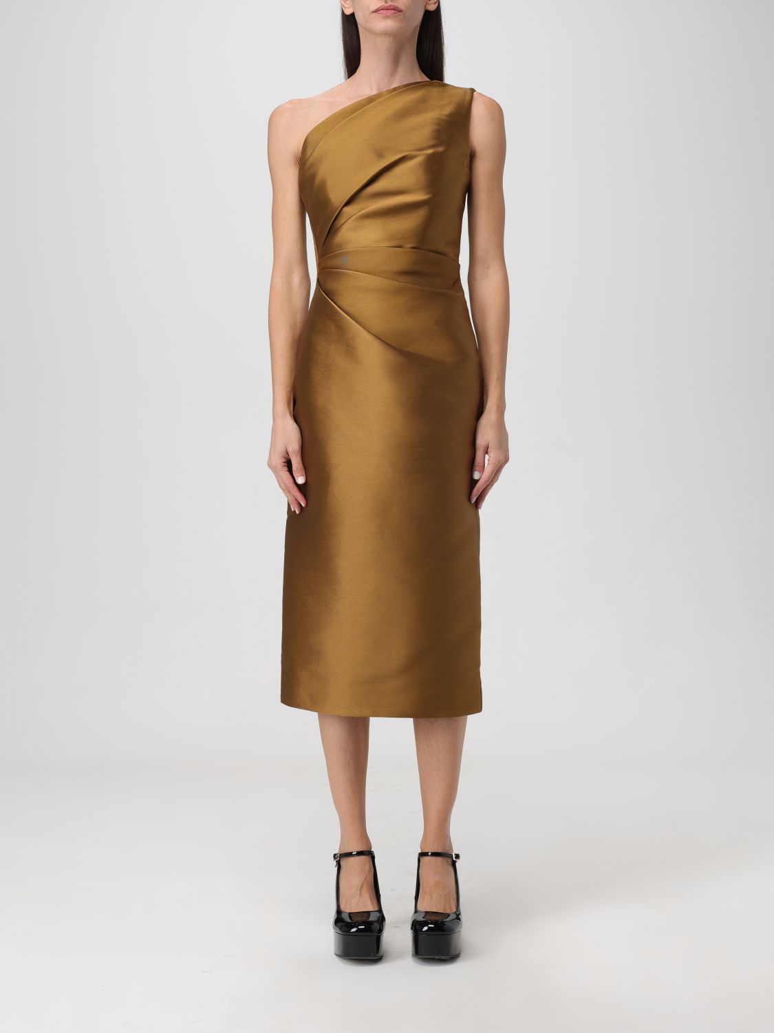 Shop Solace London One-shoulder Satin Dress In Gold
