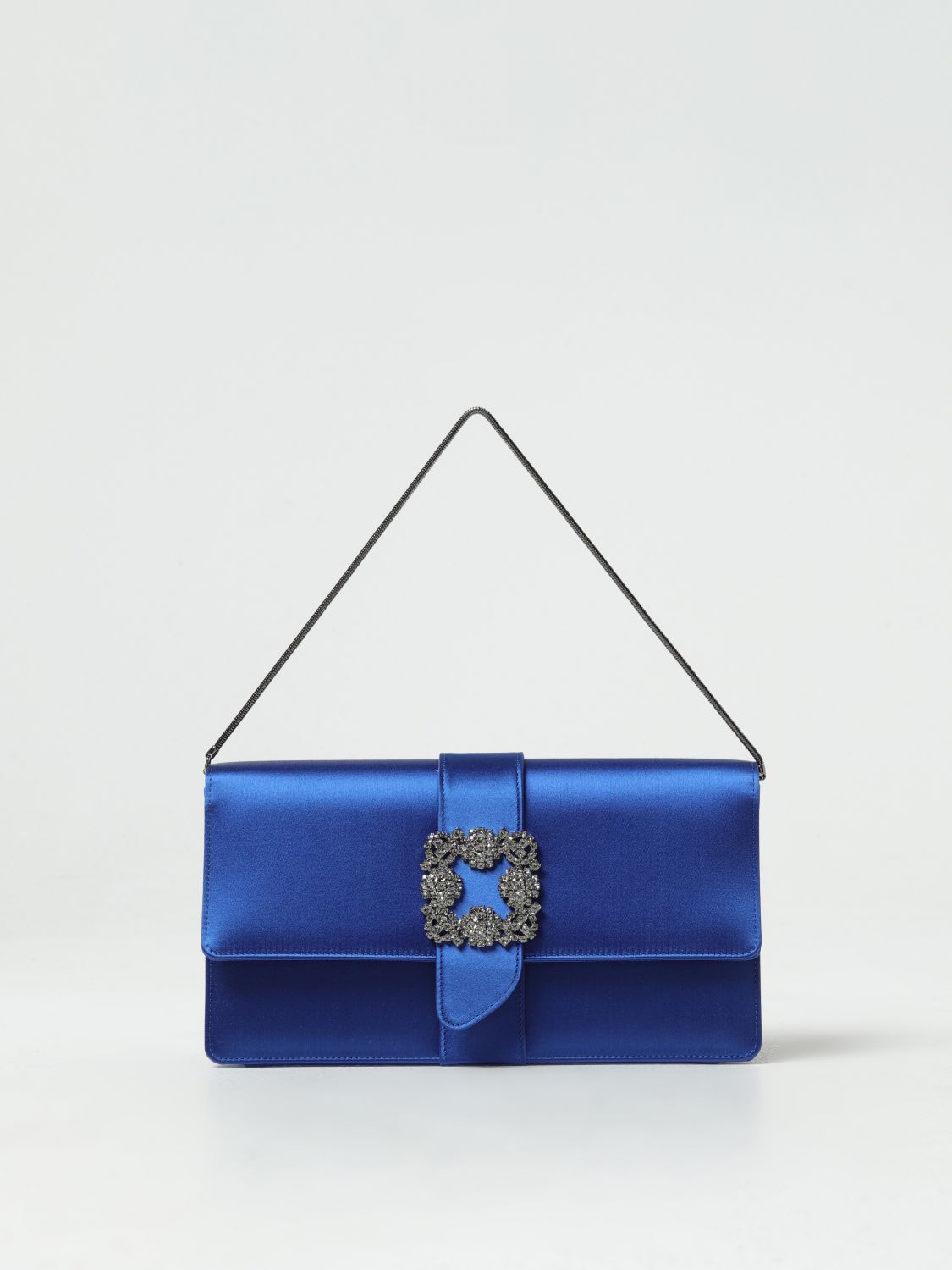 Shop Manolo Blahnik Capri Clutch In Satin With Shoulder Strap In Royal Blue