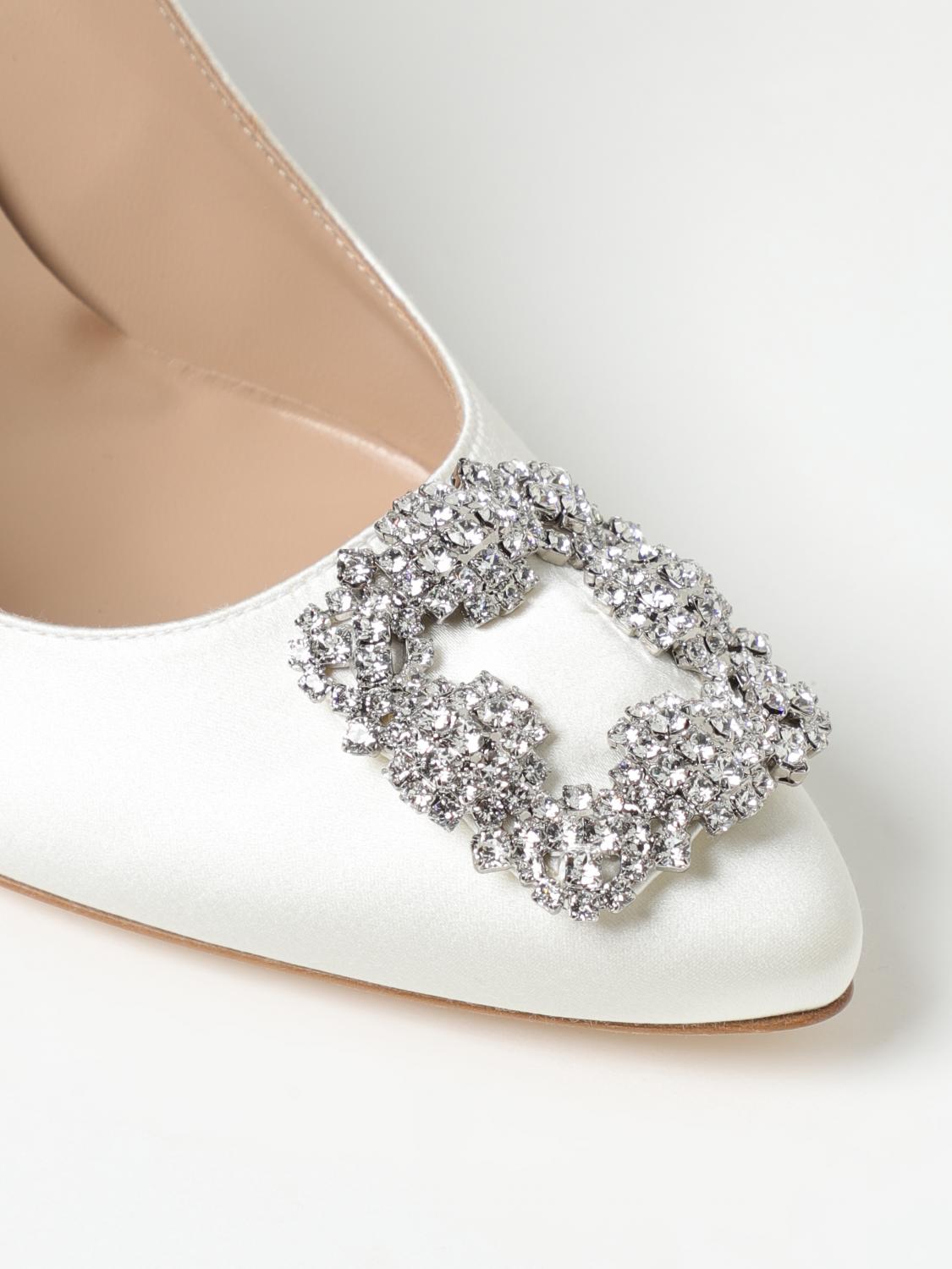 MANOLO BLAHNIK: Hangisi pumps in satin with jewel buckle - Ivory ...